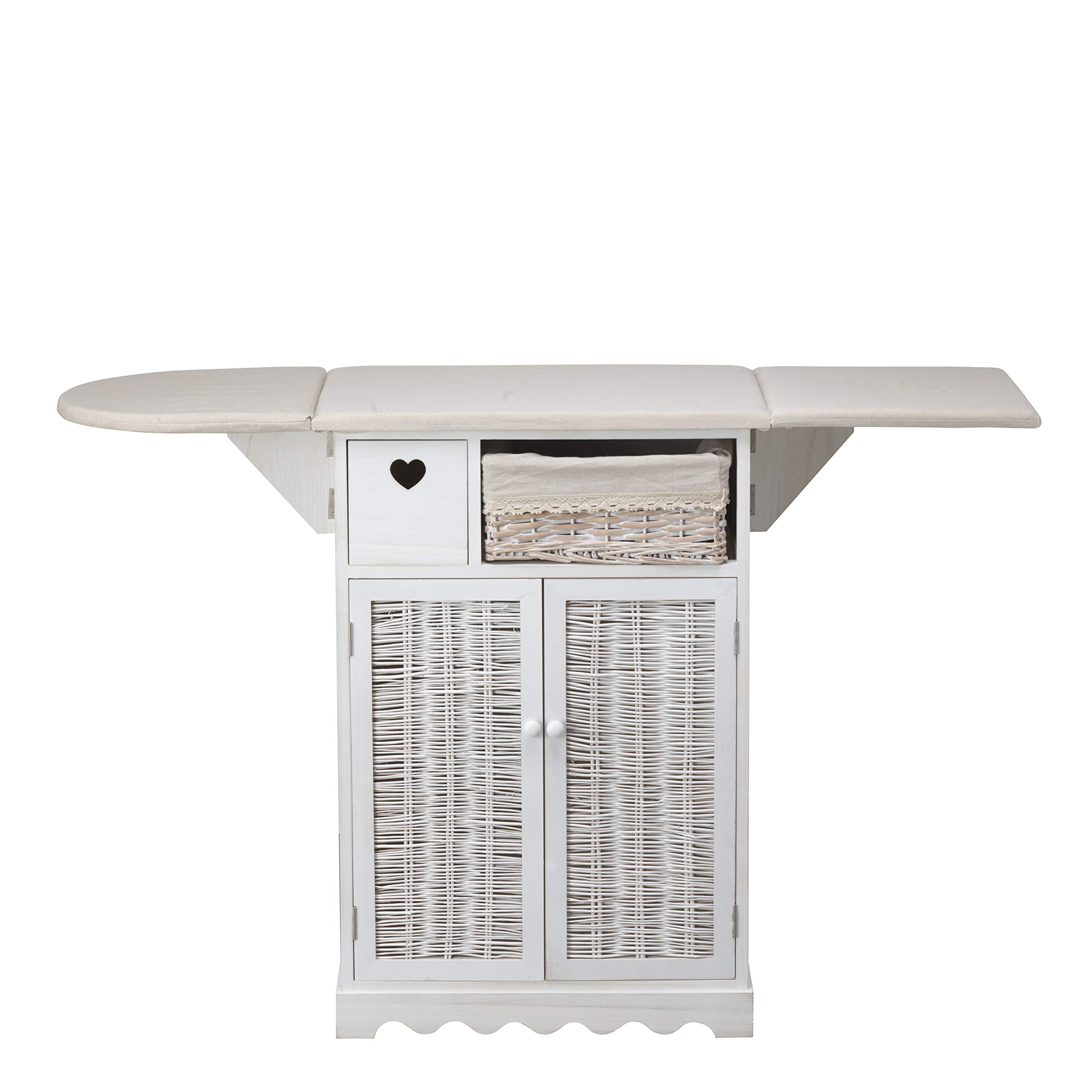 MONTEMAGGI Mobile da Stiro Shabby Chic Bianco con ASSE e 1 Cesto in Vimini e 2 Ante 66X37X87 cm (2 Ante + 1 cesta Vimini)