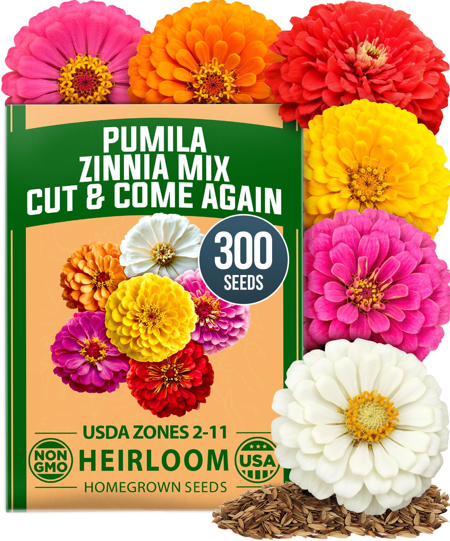 HOME GROWN Zinnia Seeds, Pumila Mix, 300 Seeds, Zinnia elegans