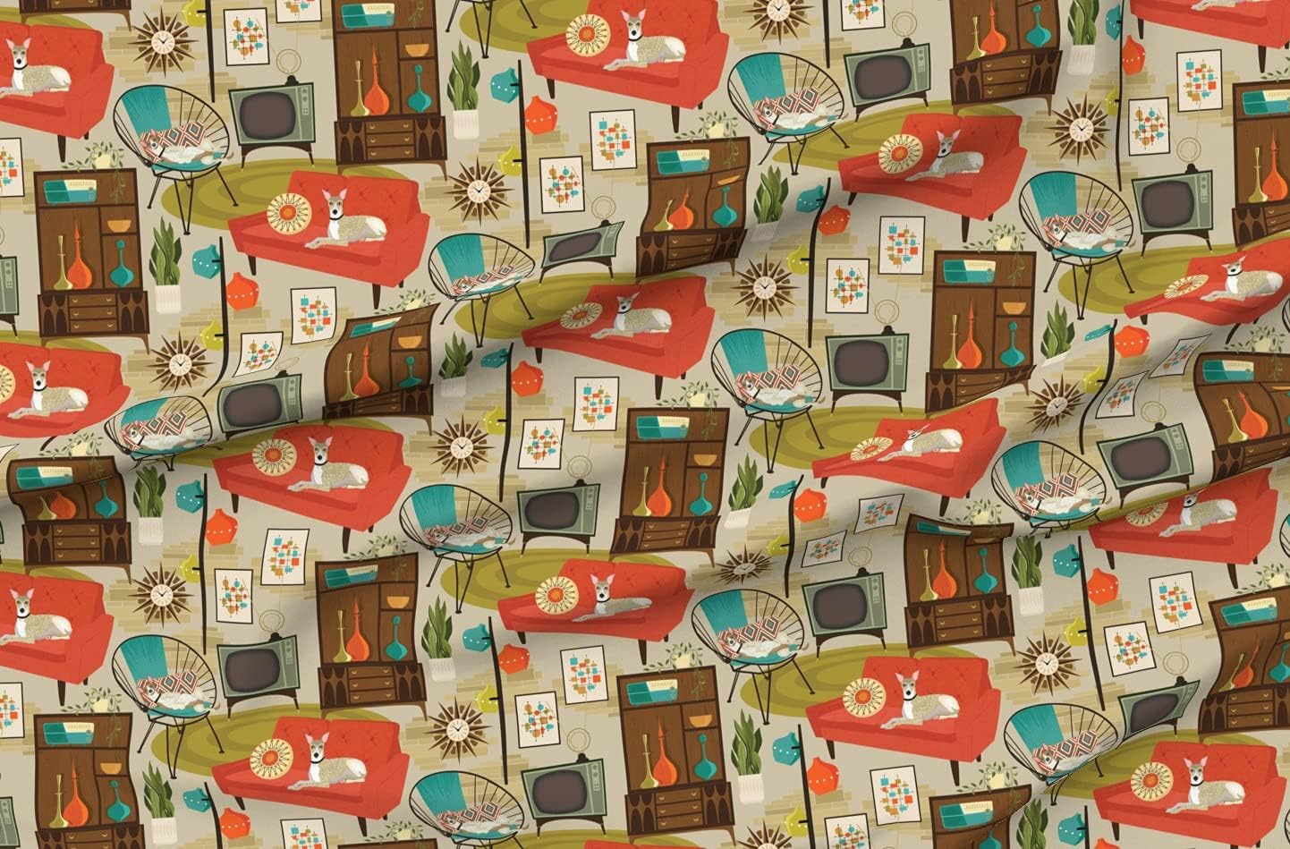 Spoonflower Fabric - 1960S Retro Vintage Mid-Century Whippet Greyhound Rec Room Dog Atomic Printed on Organic Cotton Sateen Fabric by The Yard - Sewing Quilting Apparel Home Decor