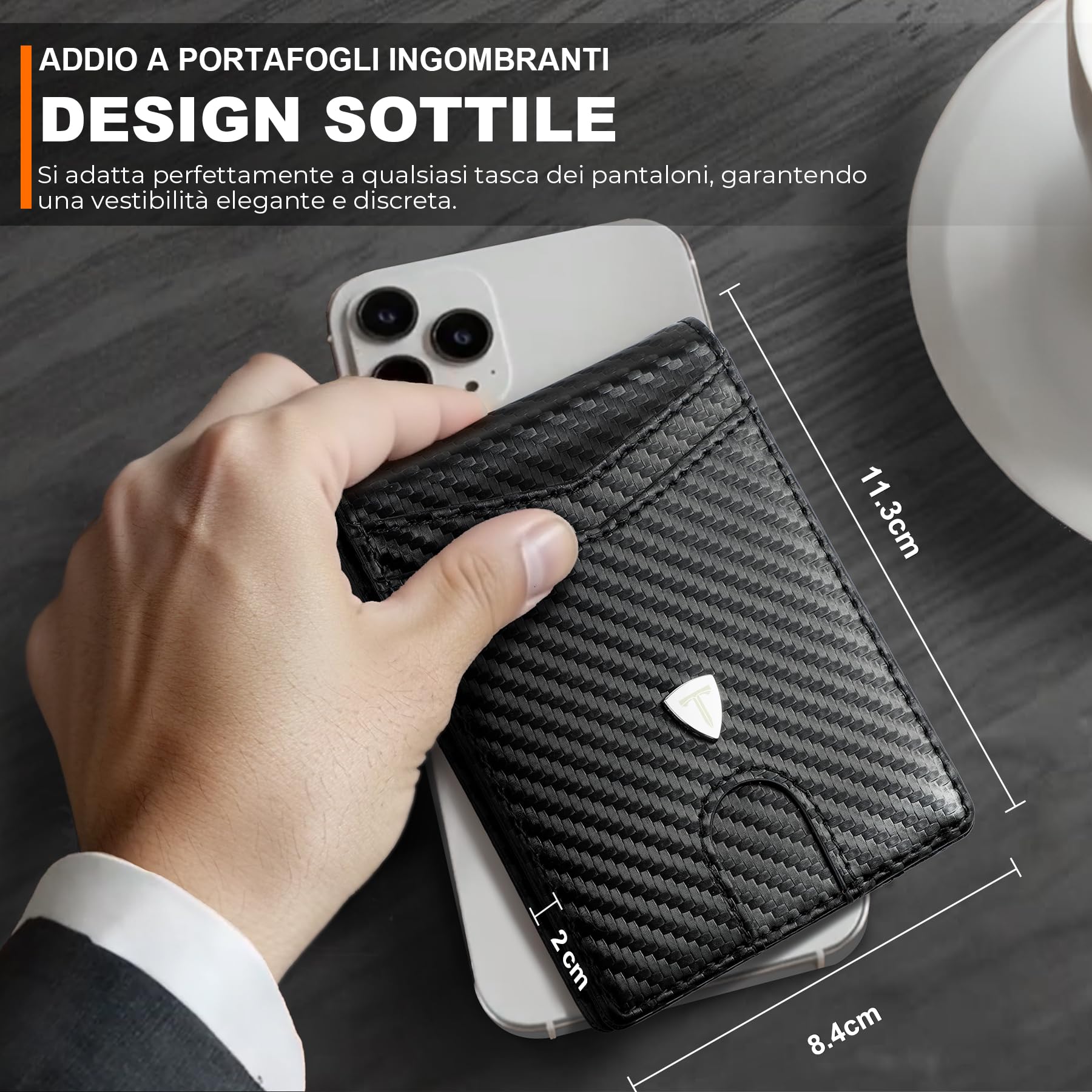 TEEHON Portafoglio Uomo RFID Blocking Portafoglio Uomo Slim Pelle in Fibra di Carbonio con 12 Porta Carte di Credito Uomo, ID Window, Fermasoldi, Bi-Fold Minimalista - Nero (nero)
