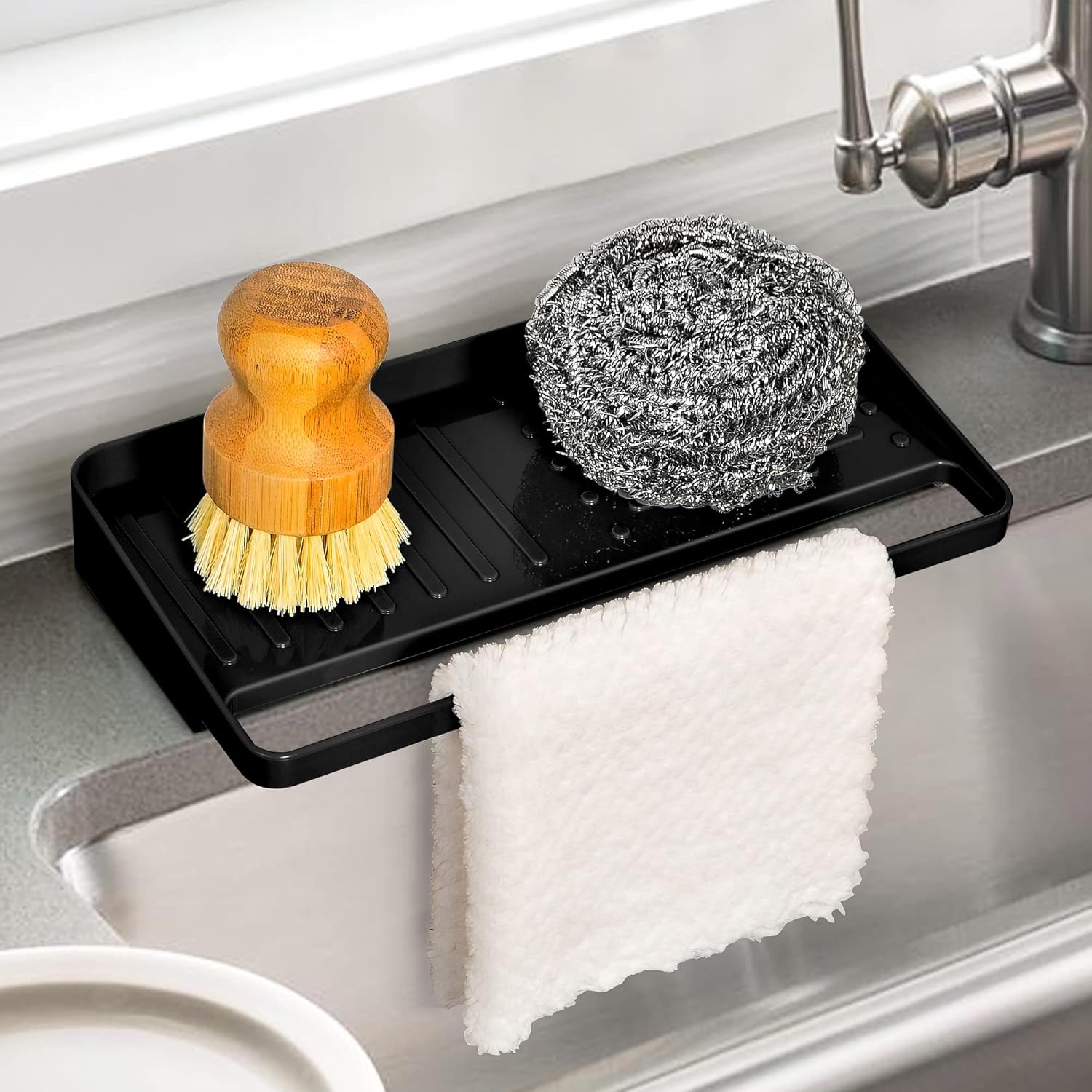 JOMOLA Sink Sponge Holder for Kitchen 2in1 Sink Caddy Organizer for Countertop Soap Tray with