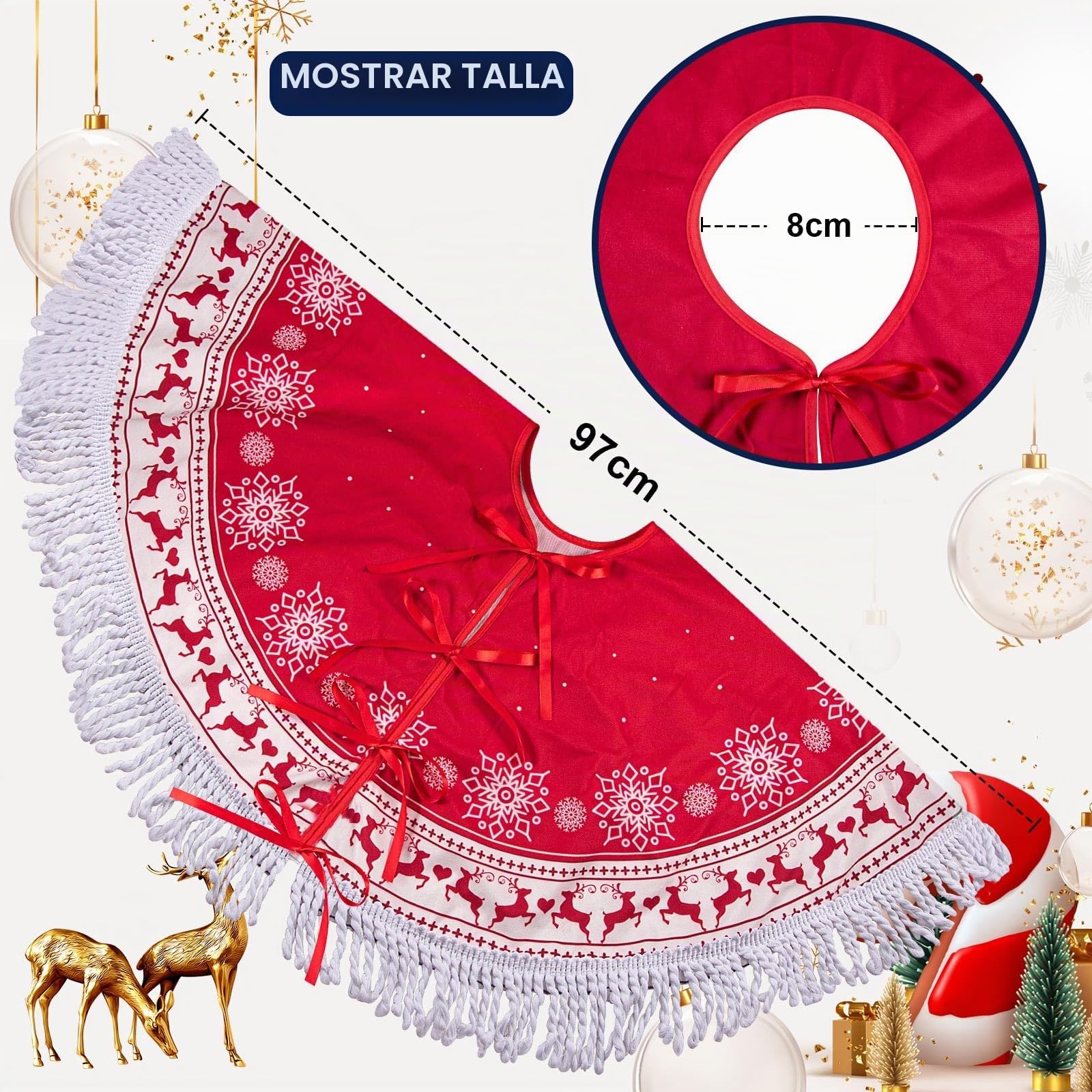 Falda Arbol Navidad 97cm, Alfombra Árbol Rojo, Cubre Pie Arbol de Navidad, Manta Tapete Bajo Tapa Pie Tela Árbol, con Borla Reno Copo de Nieve