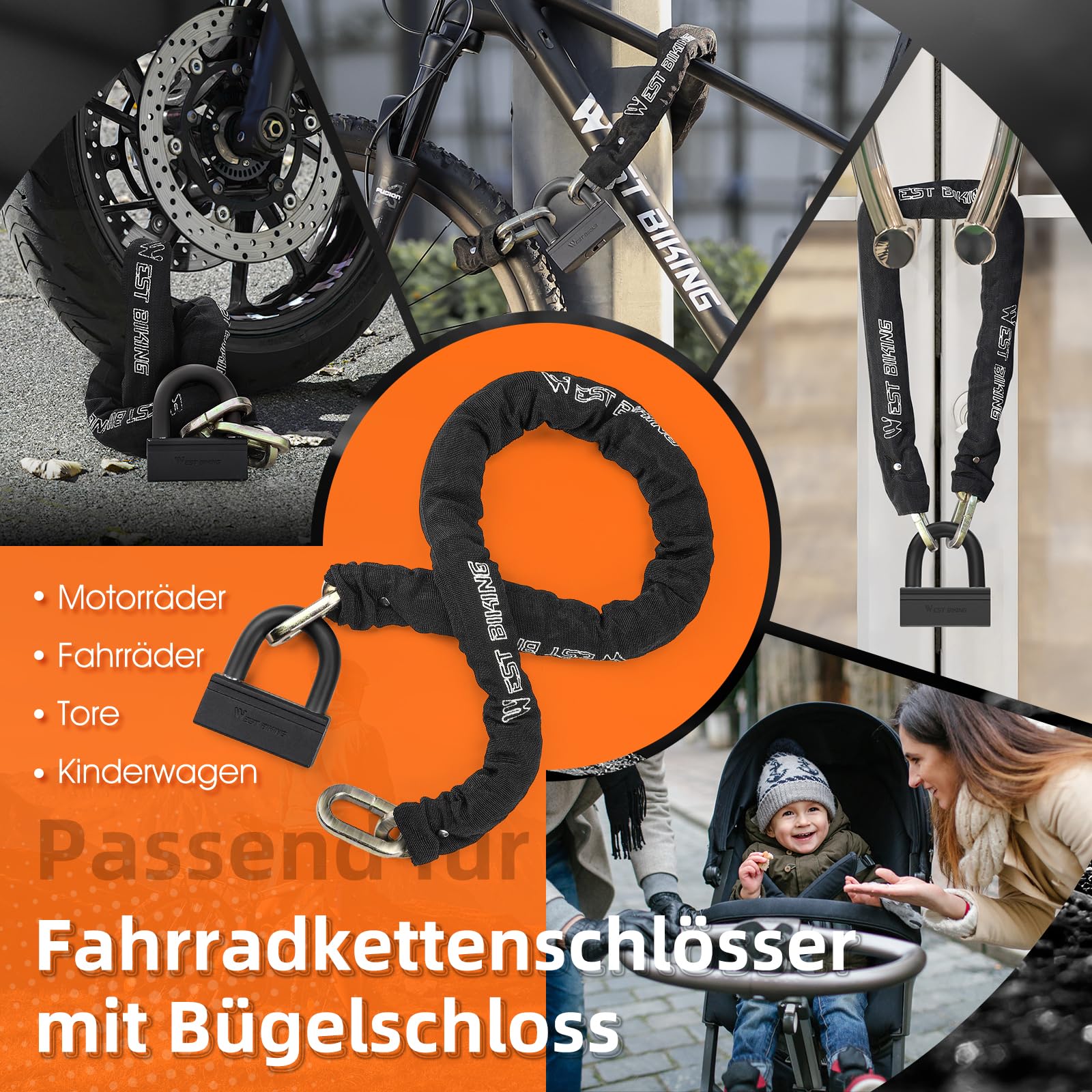 Blokada łańcuchowa rowerowa, 120 cm, wysokie bezpieczeństwo, 12 mm, mocne zapięcie do motocykla, Heavy Duty, antykradzieżowe, zapięcie łańcuchowe do roweru elektrycznego, bezpieczne zapięcie