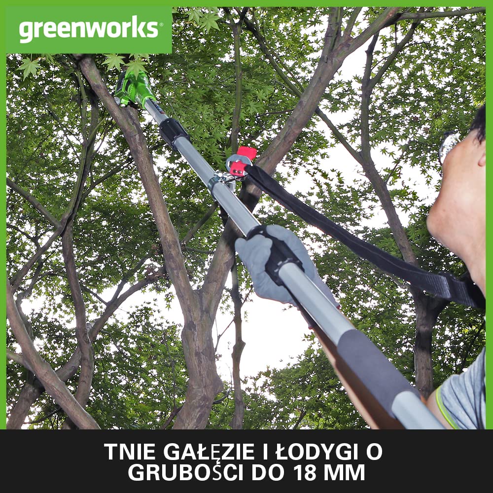 Greenworks G24PSH Akumulatorowa Pilarka i Nożyce do Żywopłotu na Wysięgniku z Paskiem na Ramię 2w1, Ostrze Pilarki 20cm, Przycinarka Ostrza o Podwójnym Działaniu 51 cm BEZ Baterii 24V i Ładowarki