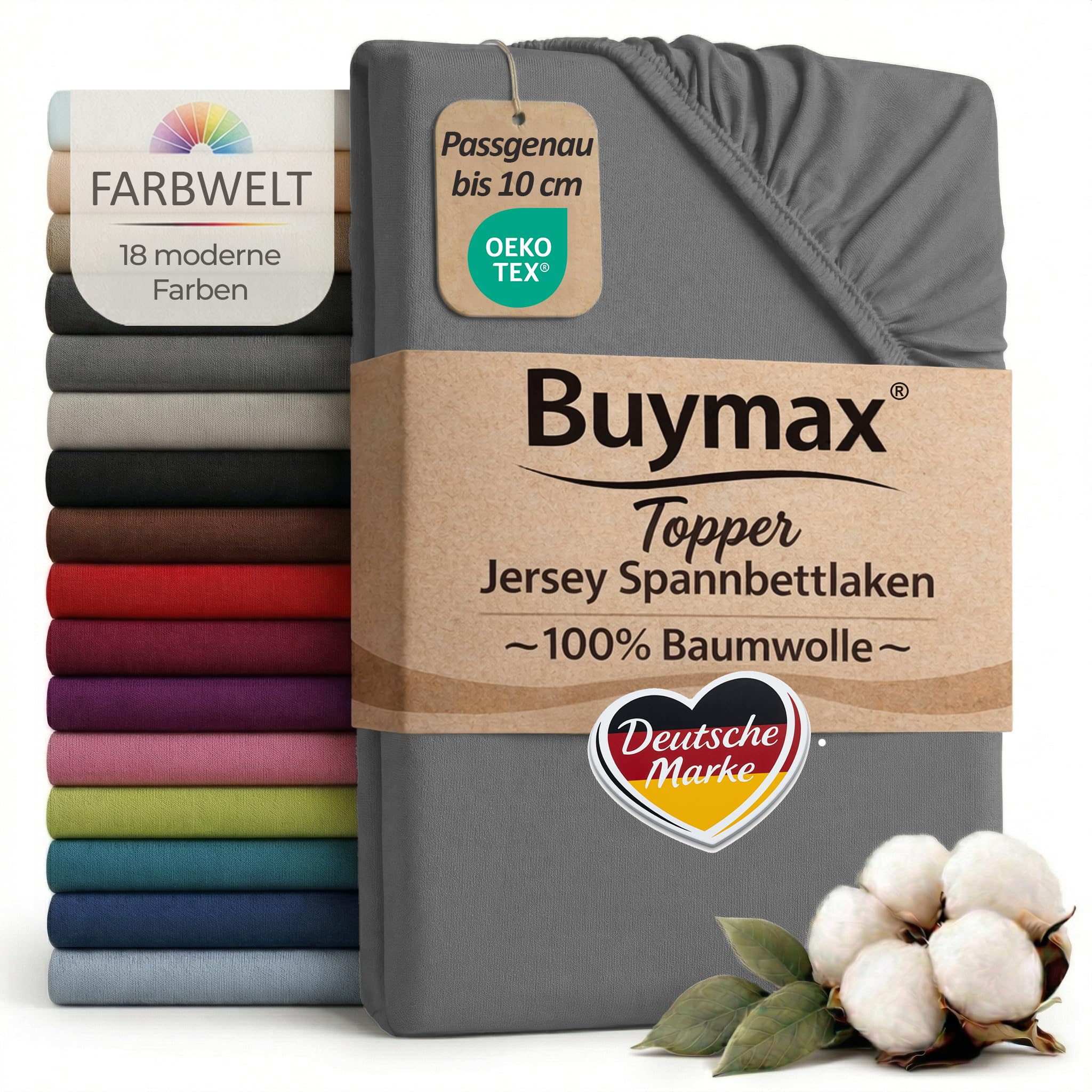 Buymax Jersey Topper Spannbettlaken aus 100% Baumwolle – Spannbetttuch für Topper bis 10 cm Höhe (18 cm Steg), atmungsaktiv, elastisch, Oeko-TEX