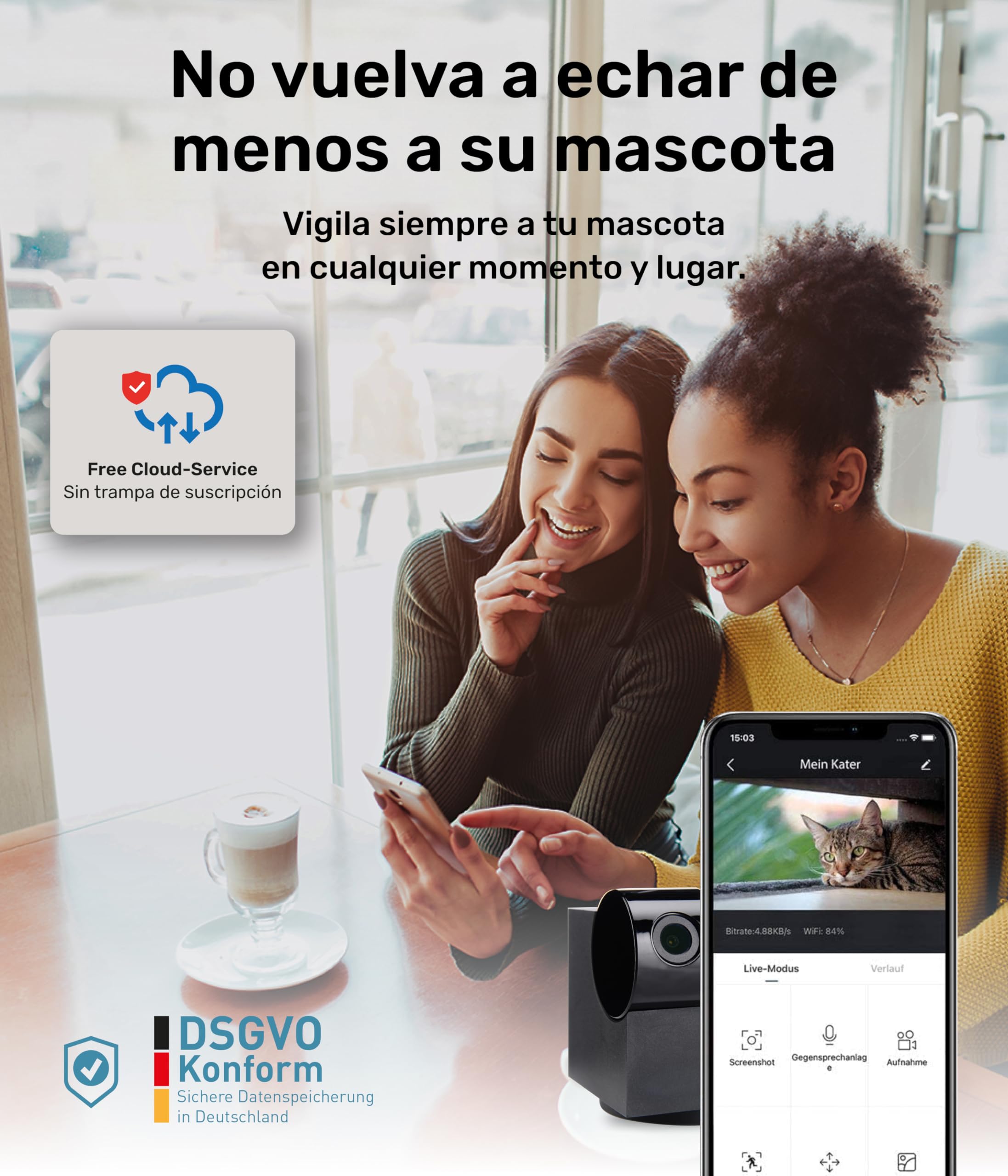 PetTec® CAM 360° Cámara para Mascotas con App [SIN SUSCRIPCIÓN] - Cámara para Perros y Gatos en Casa con Detección de Movimiento y Visión Nocturna - Vista Completa HD 360° Panorámica e Inclinable