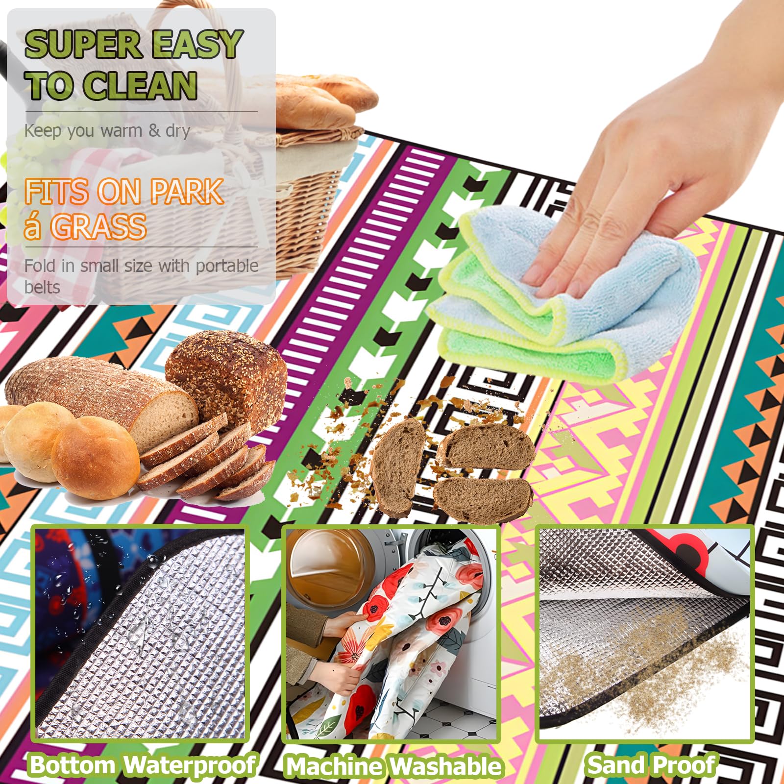 270 x 270 cm, coperta da picnic, fondo impermeabile, tappetino da picnic extra large, stile bohémien, pieghevole, lavabile in lavatrice, per esterni, picnic, giardino, spiaggia, campeggio