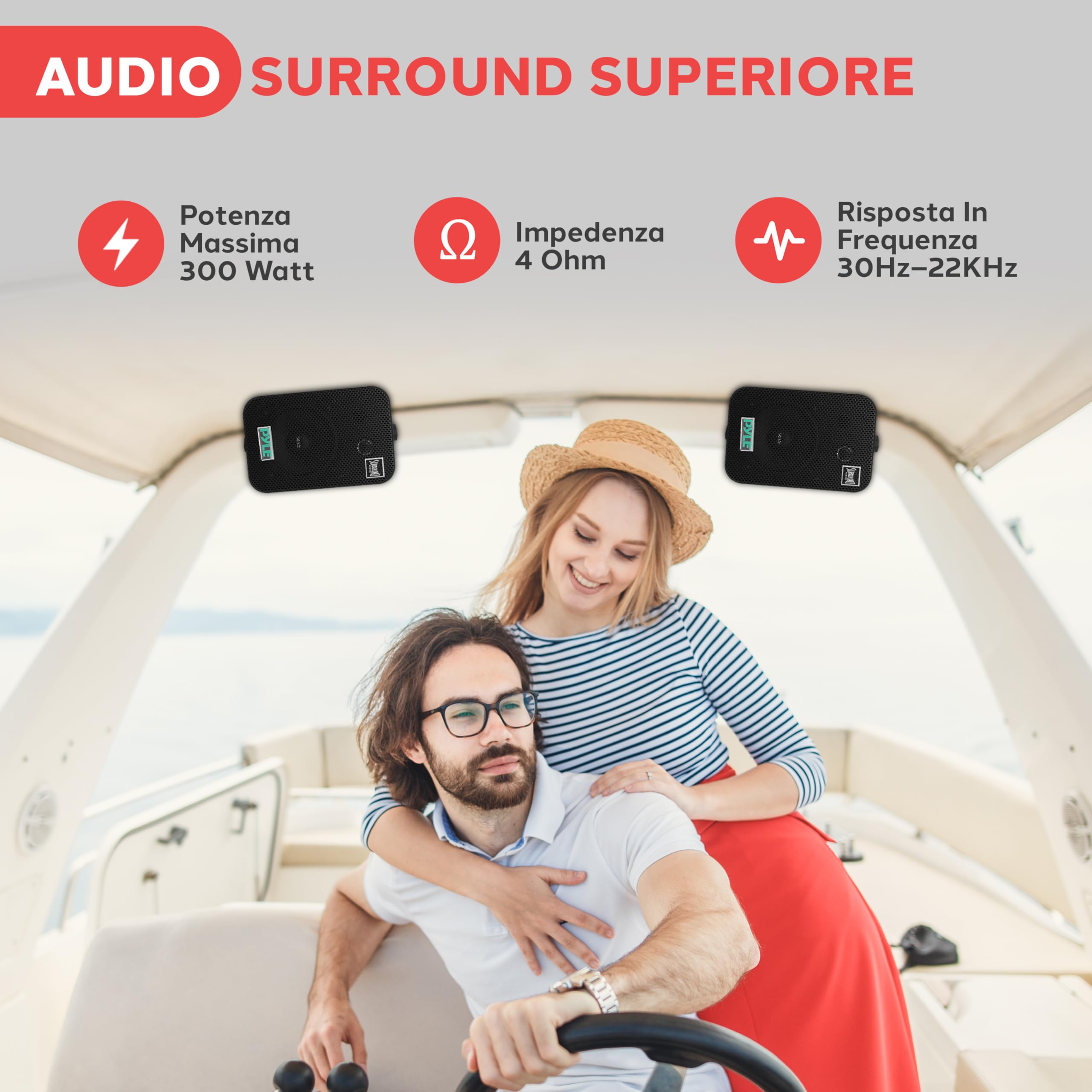 Pyle Sistema Altoparlanti Esterni con Cassa Audio Cablata, Coppia, Speaker Grado Marino 2 Vie 300 Watt Max, Woofer 8.9 Centimetri e Tweeter 2.5 Centimetri, Montaggio Universale per Parete o Soffitto
