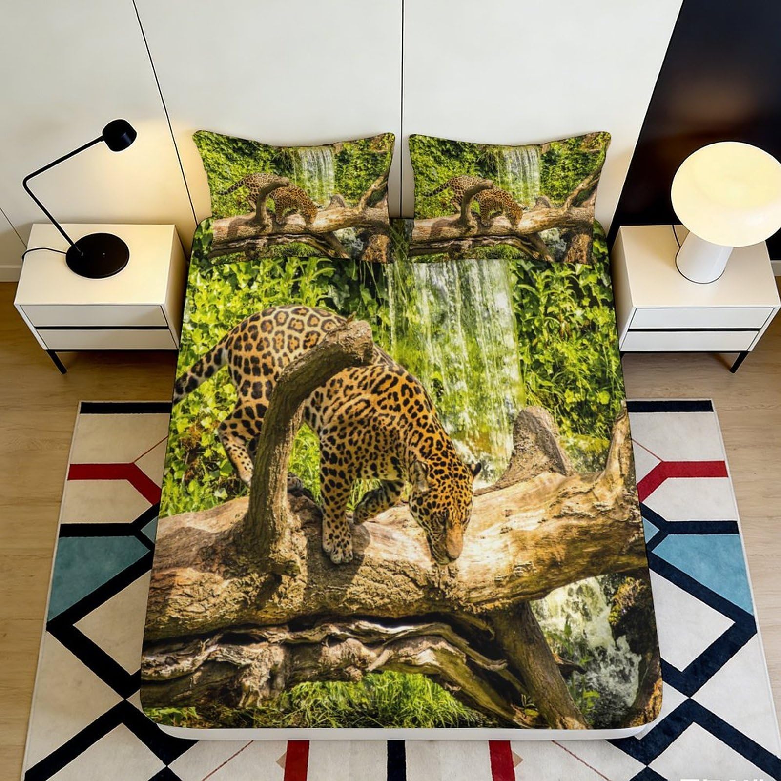 Pnayamiorkfel Style-1 3D Printed Jungle Waterfall Fitted Sheet Microfiber Anti-Slip Leopard Mattress Cover Machine Washable Bedroom Decor 90X200x25cm