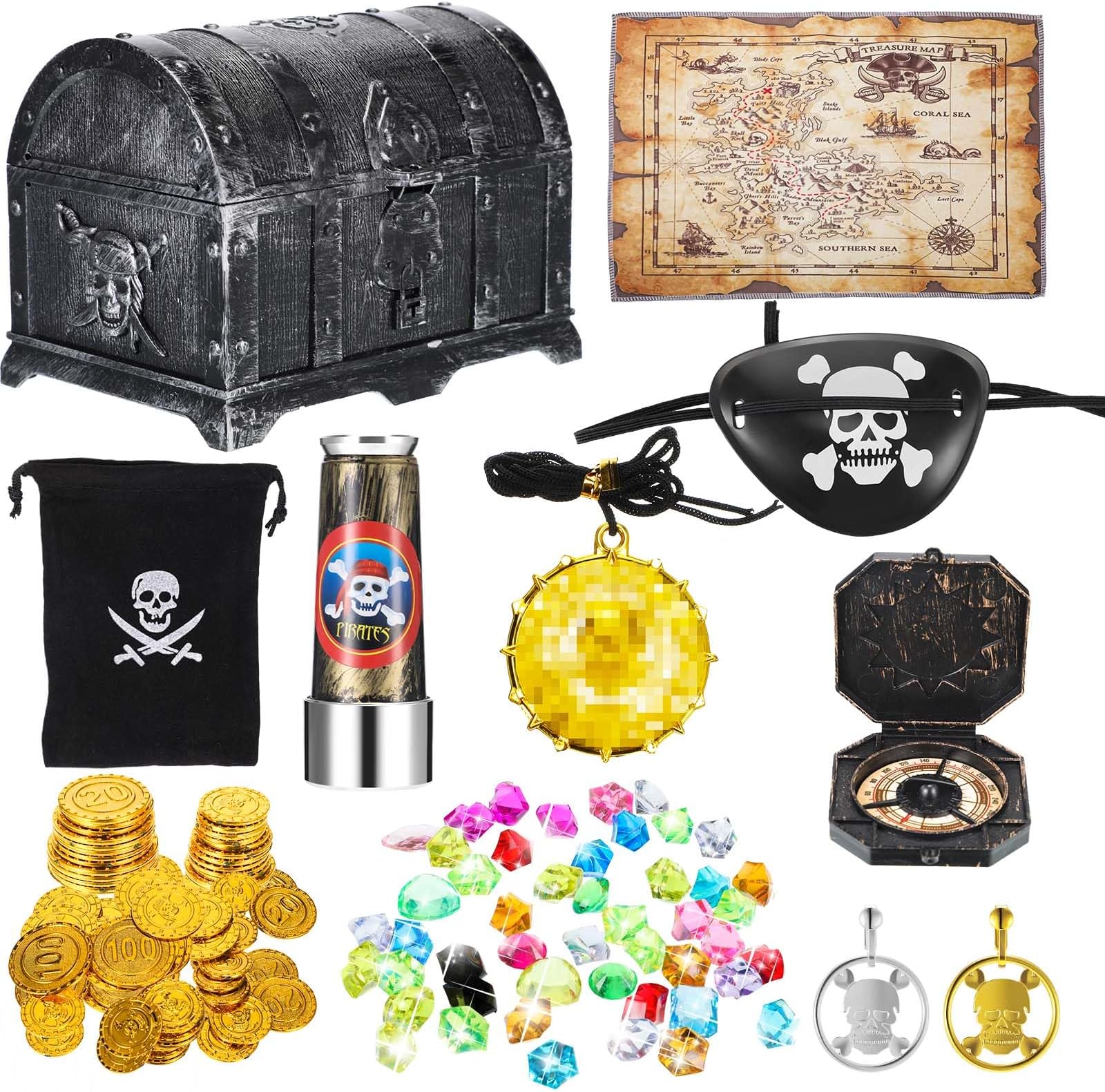 73 Pieces Pirate Treasure Box Toy Set Vintage Pirate Pretend Toys Include Treasure Chest Pirate Eye Patch Gold Earring Gold Coin Gems Plastic Toy Compass Pirate Map for Halloween Cosplay Party