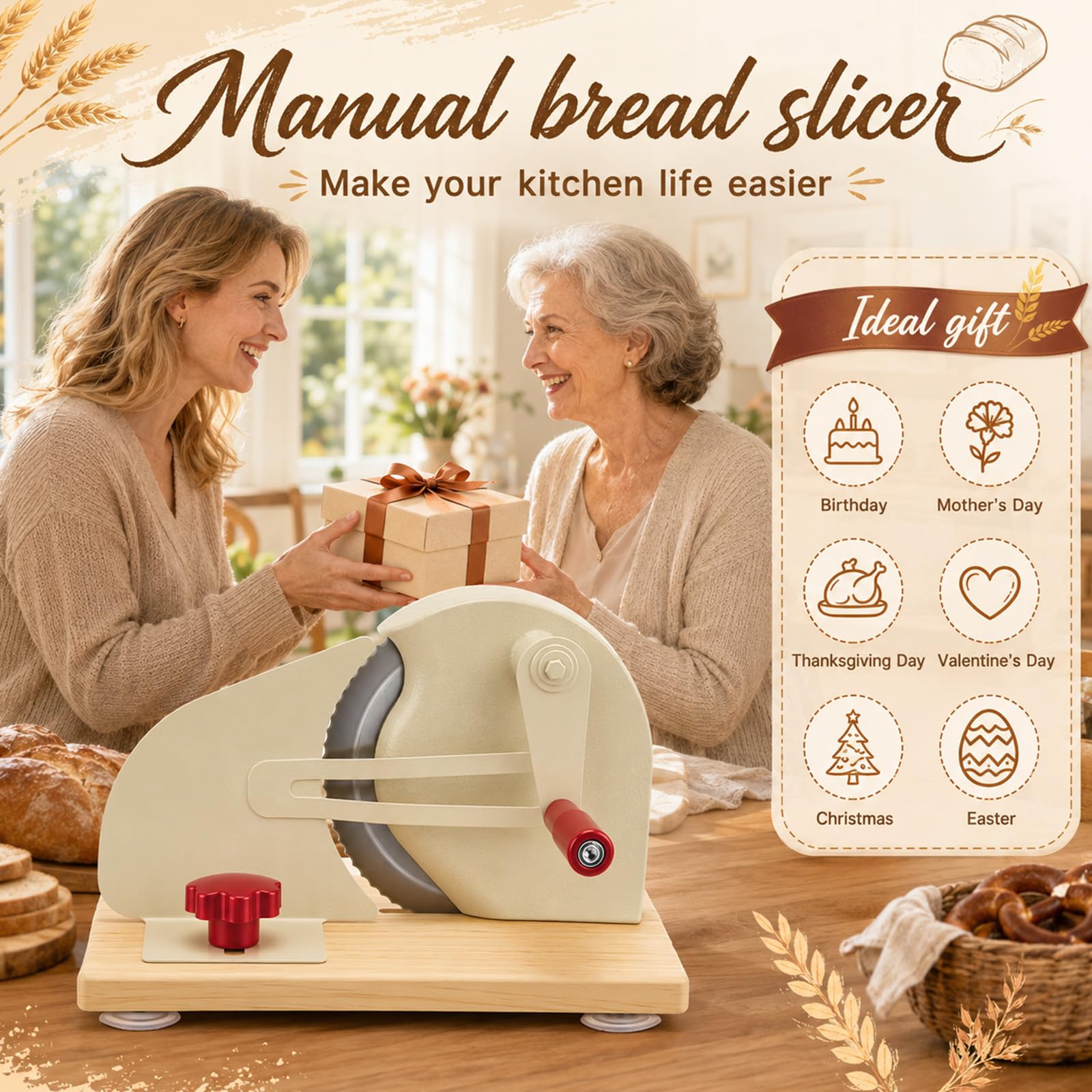 Affettatrice Manuale per Pane con Lama Acciaio, Spessore 0-28mm Regolabile | Affettatrice pane manuale–lama acciaio inox,spessore 0-28mm regolabile,manovella,base legno antiscivolo–per casa & panetteria