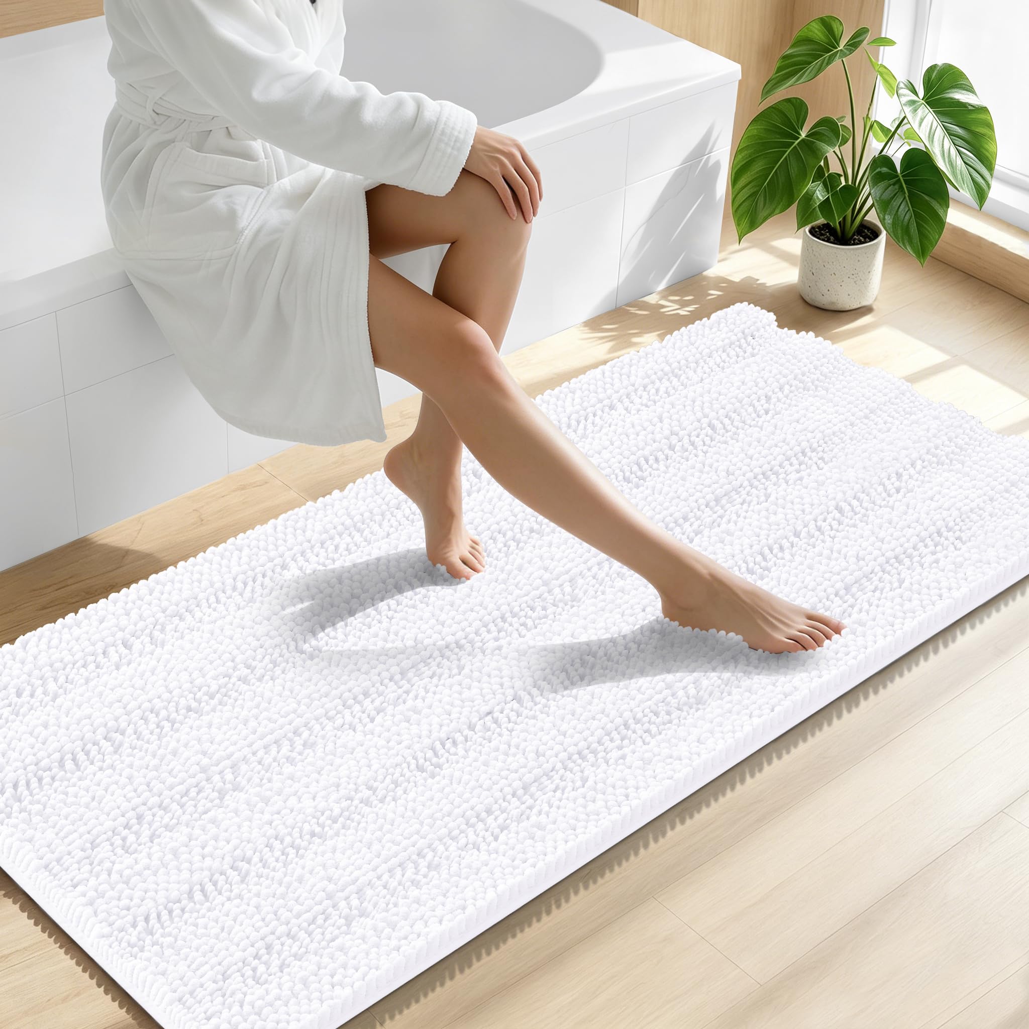 Smiry Thick Chenille Bathroom Runner Rugs 59x24, Absorbent Bath Mat, White