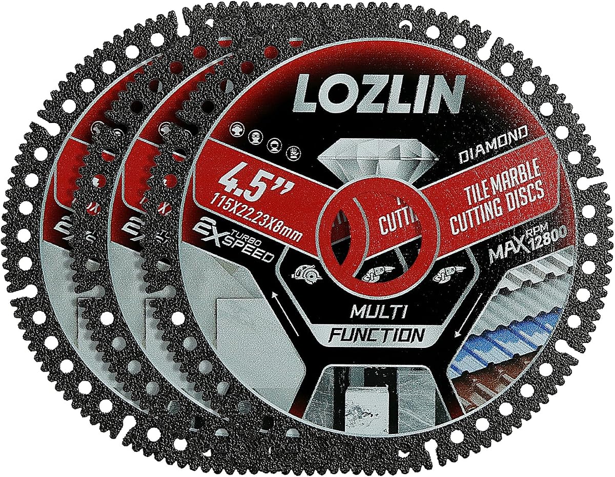 Hojas de diamante LOZLIN 3 PIEZAS Hoja de diamante de 4.5"para corte de azulejos - Sin astillas Hoja de corte en seco ultrafina - Se adapta a la amoladora angular para mármol, cerámica, azulejos de porcelana (grano de diamante 60–70)