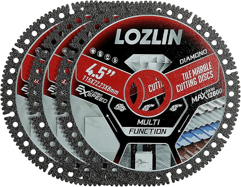 Hojas de diamante LOZLIN 3 PIEZAS Hoja de diamante de 4.5"para corte de azulejos - Sin astillas Hoja de corte en seco ultrafina - Se adapta a la amoladora angular para mármol, cerámica, azulejos de porcelana (grano de diamante 60–70)
