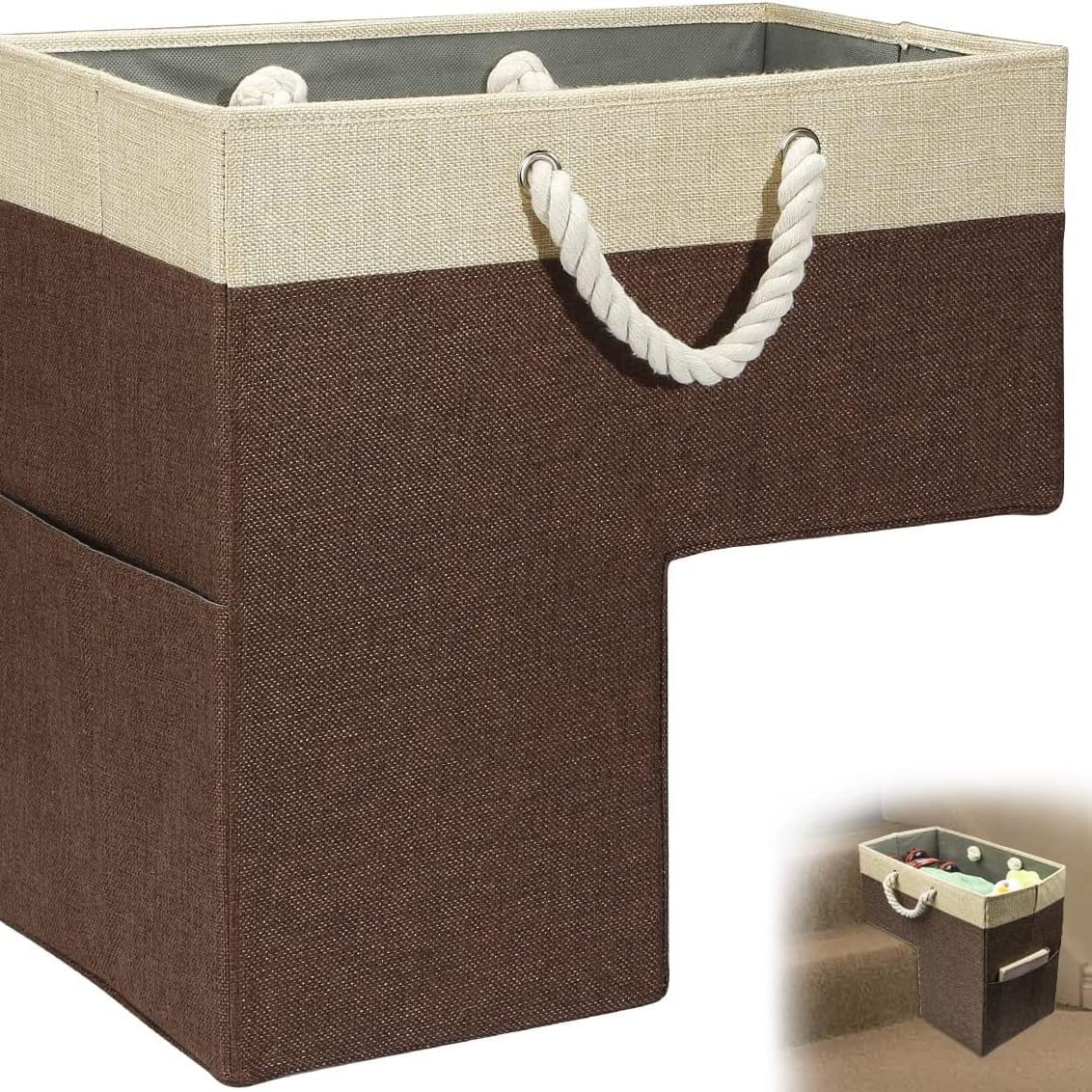 Stair Basket, Foldable Staircase Basket with Thick Cotton Rope Handles, L-Shape Stair Step Organiser Foldable Staircase Storage Cotton Linen Stair Tidy Bag for Carpeted and Wooden Stairs (Brown)