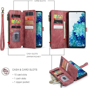 UEEBAI Wallet Case for Samsung Galaxy S20 FE 5G, Premium Handmade PU Leather Phone Case Card Slots Magnetic Closure Zipper Pocket Kickstand Flip Case with Hand Strap - Vintage Red