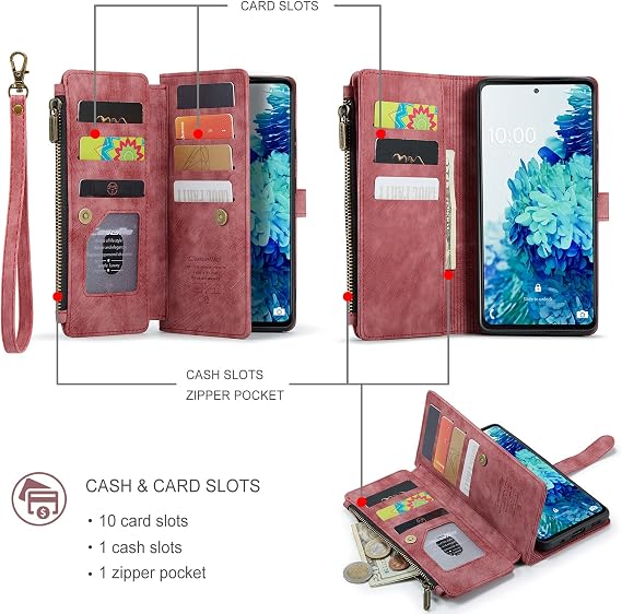 UEEBAI Wallet Case for Samsung Galaxy S20 FE 5G, Premium Handmade PU Leather Phone Case Card Slots Magnetic Closure Zipper Pocket Kickstand Flip Case with Hand Strap - Vintage Red