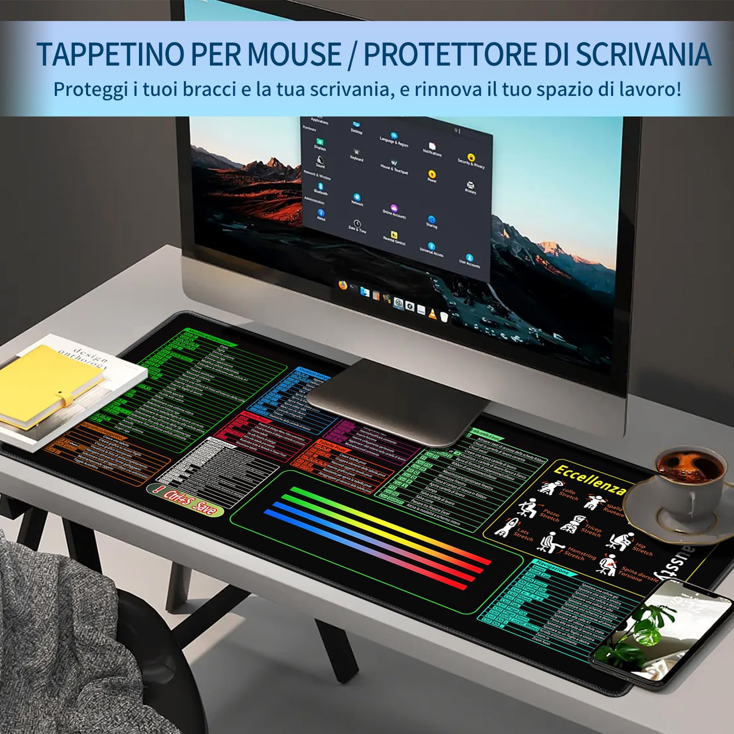 Tappetino Mouse XXL 900x400mm Impermeabile Antiscivolo per Scrivania con Scorciatoie Excel