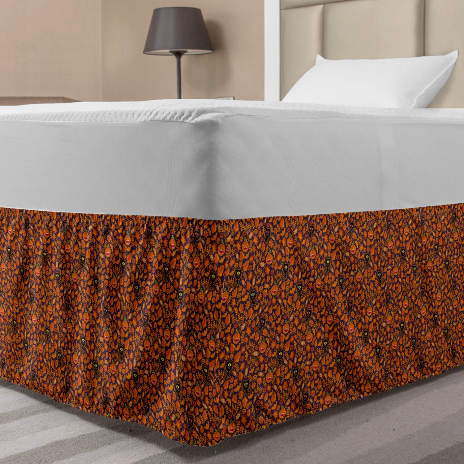 Lunarable Vintage Halloween Elastic Bed Skirt Halloween Themed Elements on a Purple Background Scary Mosters Wrap Around Fabric
