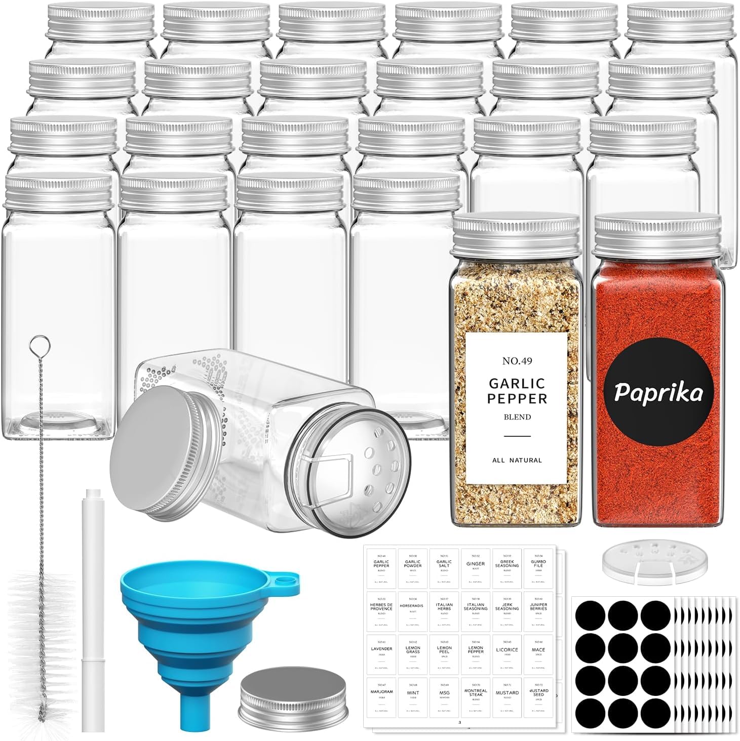 Vinsani 25 Pcs Glass Spice Jars Set 4oz – Airtight Herb & Spice Storage Bottles with Writable Labels, Dual Shaker Lids & Funnel – Square Empty Jars for Kitchen Cupboard Pantry Organiser
