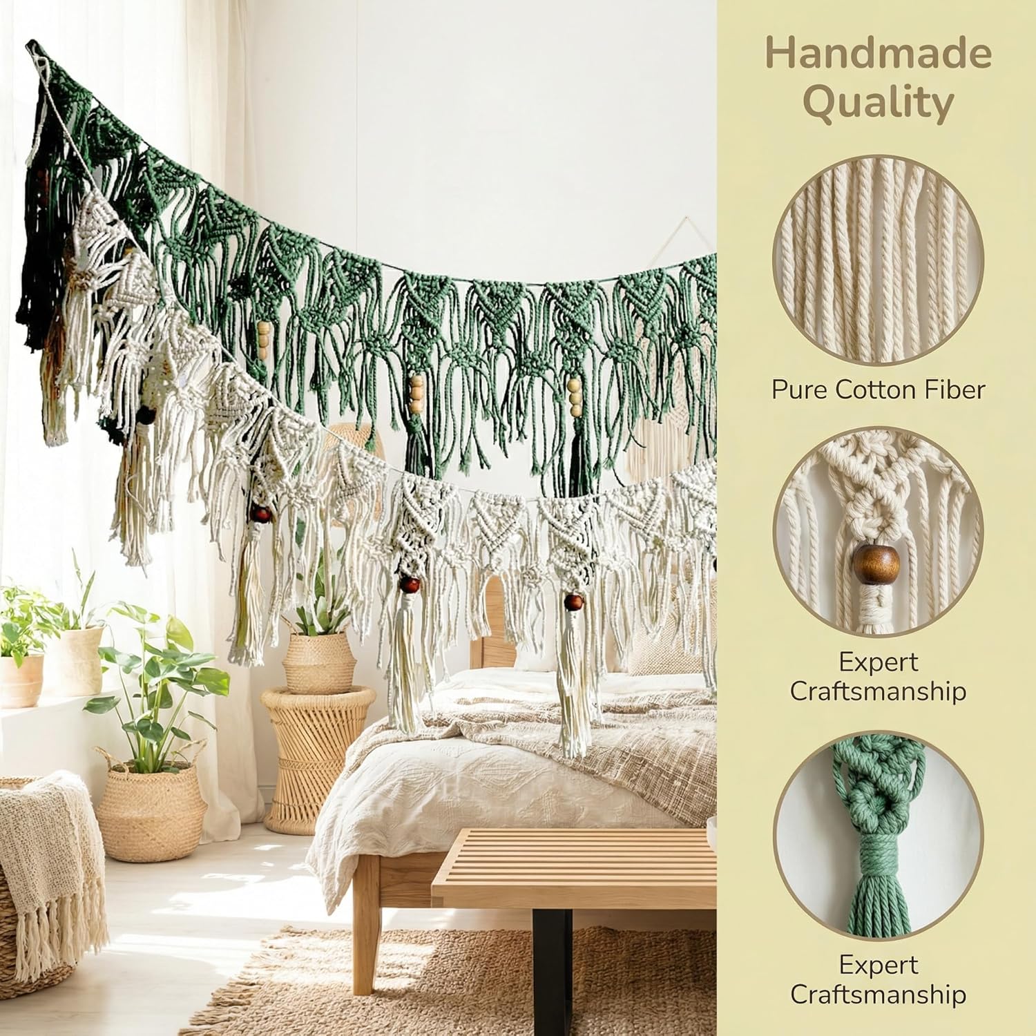 Boho Garland Banner, Macrame Hanging Fringe Tassel, Tassel Hanging decoation, Chic Handmade Boho Tassel for Home/Doorway/Window/Wedding etc Decoration Length X Highth 44"X12" (Green)