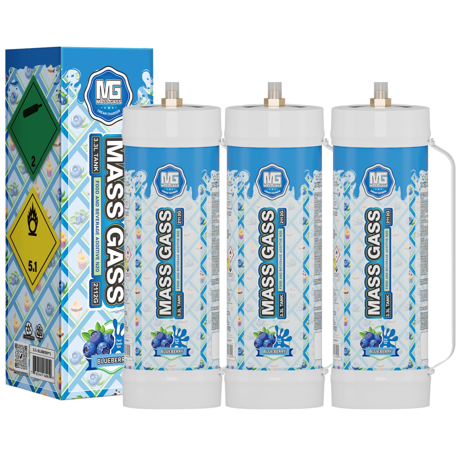 MassGass Cream Charger 3.3L Tanks 2112g×3 Whipped Cream Charger Cylinder Food Grade Blueberry Flavor for Whipped Cream Dispenser, 3-Pack