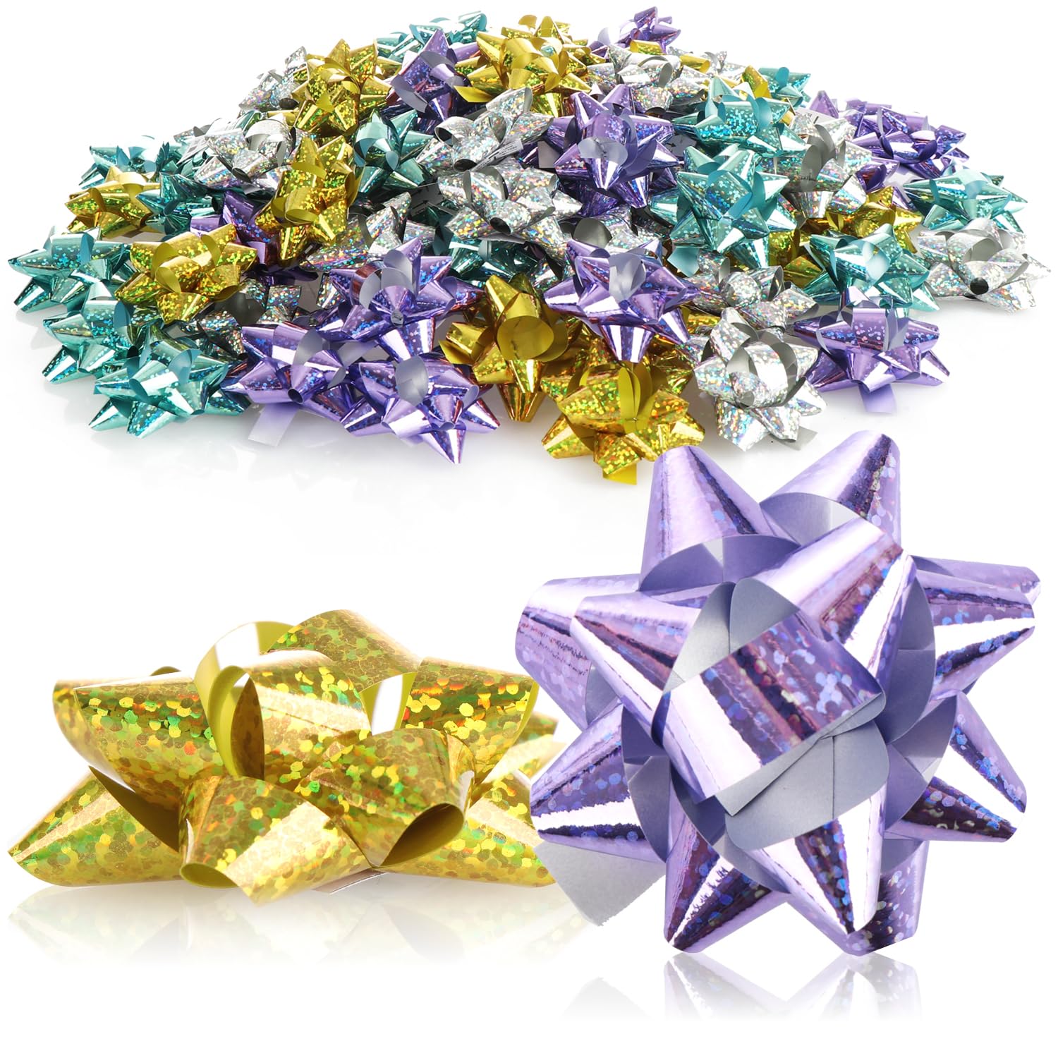 COM-FOUR® 100x Nœuds cadeaux dans de superbes couleurs - nœuds prêts à l'emploi autocollants avec paillettes - décorer (100 pièces - paillettes - 4 couleurs)