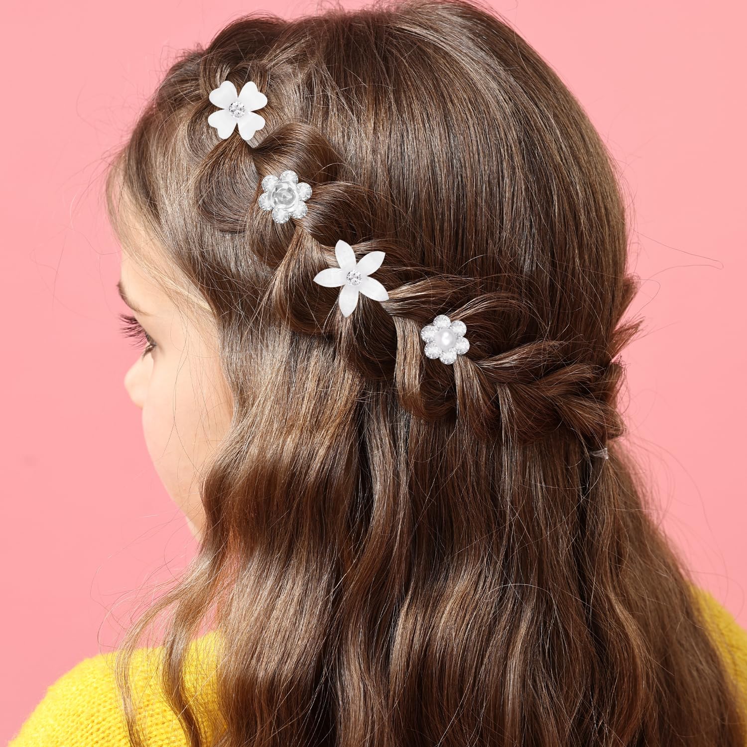 20 Pieces Small Flower Hair Clips, Mini Rhinestone Hair Pins, Bridal Wedding Hair Accessories for Women and Girls(Silver&white) - Image 3