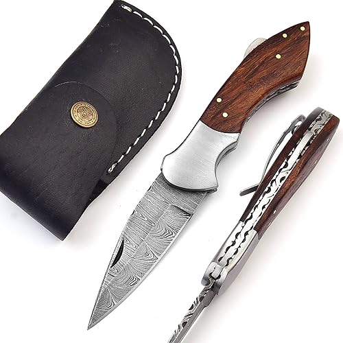 GladiatorsGuild 608Br - Cuchillo de acero de Damasco - Cuchillo plegable de bolsillo con clip - Cuchillo personalizado hecho a mano - Cuchillo de