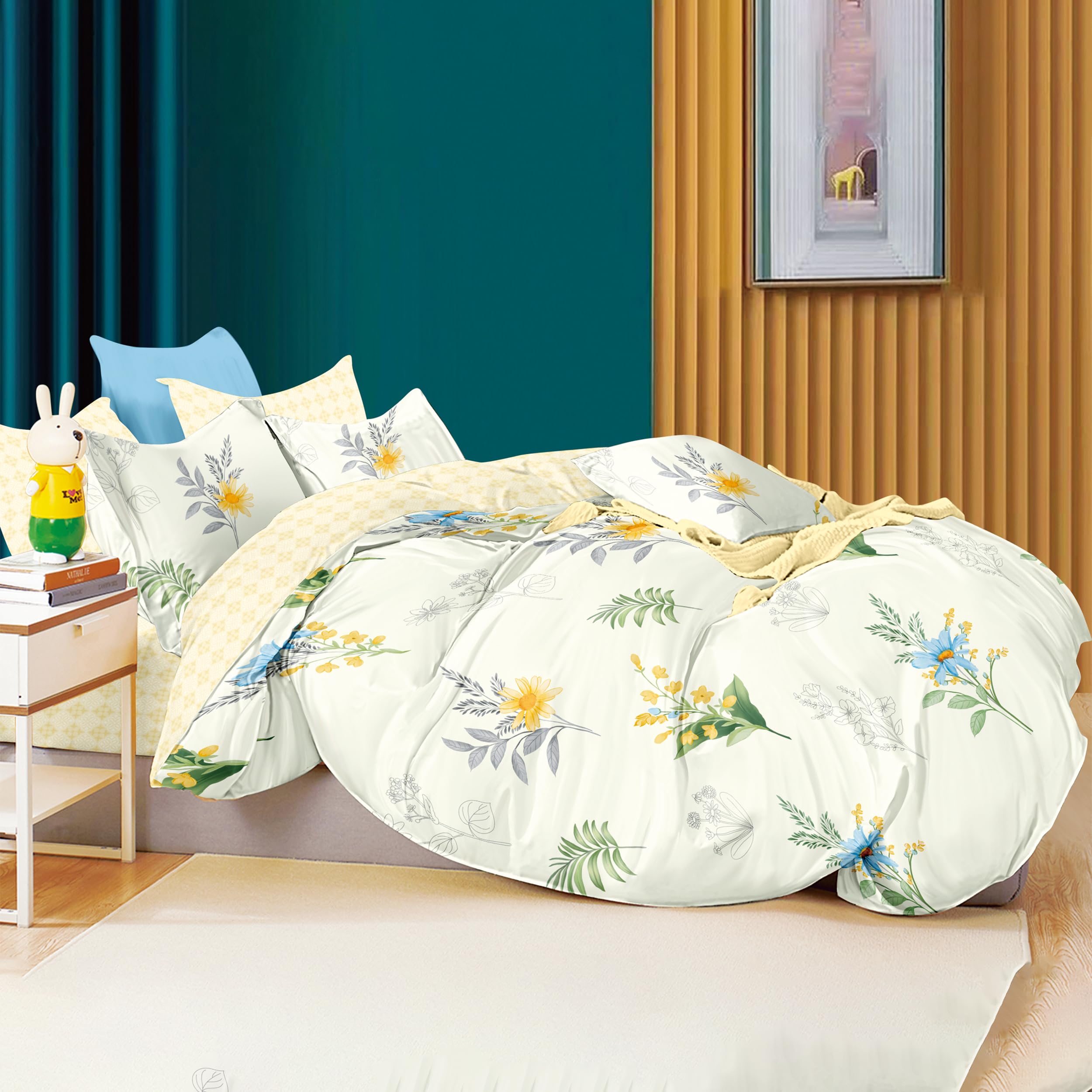 H HANSEL HOME Funda Nordica Cama 150 de 4 Piezas Transpirable Suave al Tacto 100% Microfibra, Funda Edredón 220x240cm, Bajera 150x200cm con 2 Fundas de Almohada 50x90cm - Beige y Estampado Floral