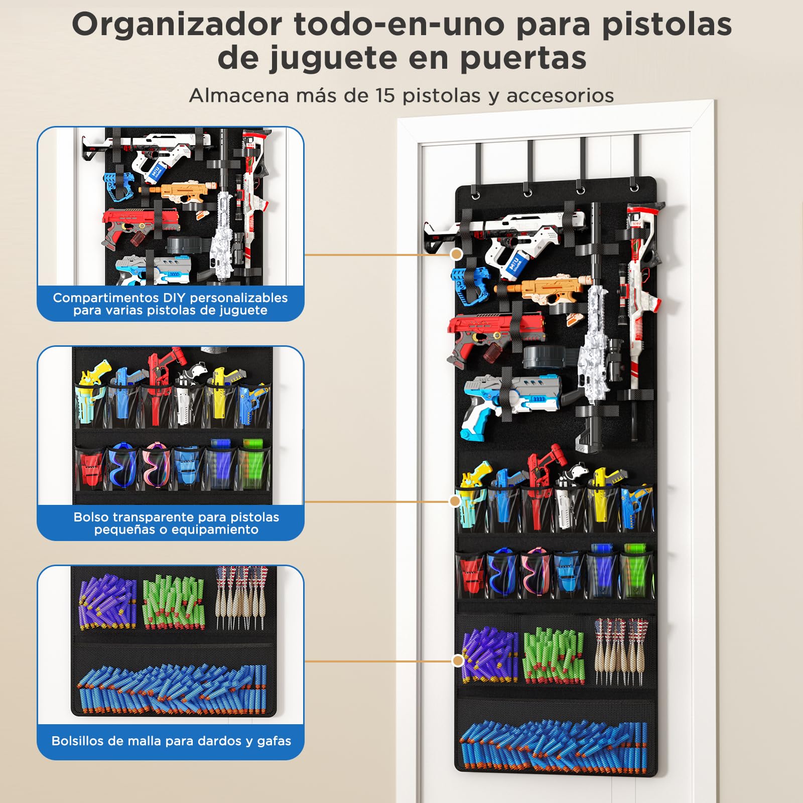 Organizador de puerta para pistolas de juguete, con bolsillos y correas velcro ajustables, para blasters de espuma, dardos, gafas – ahorrador espacio para habitación infantil y sala de juegos
