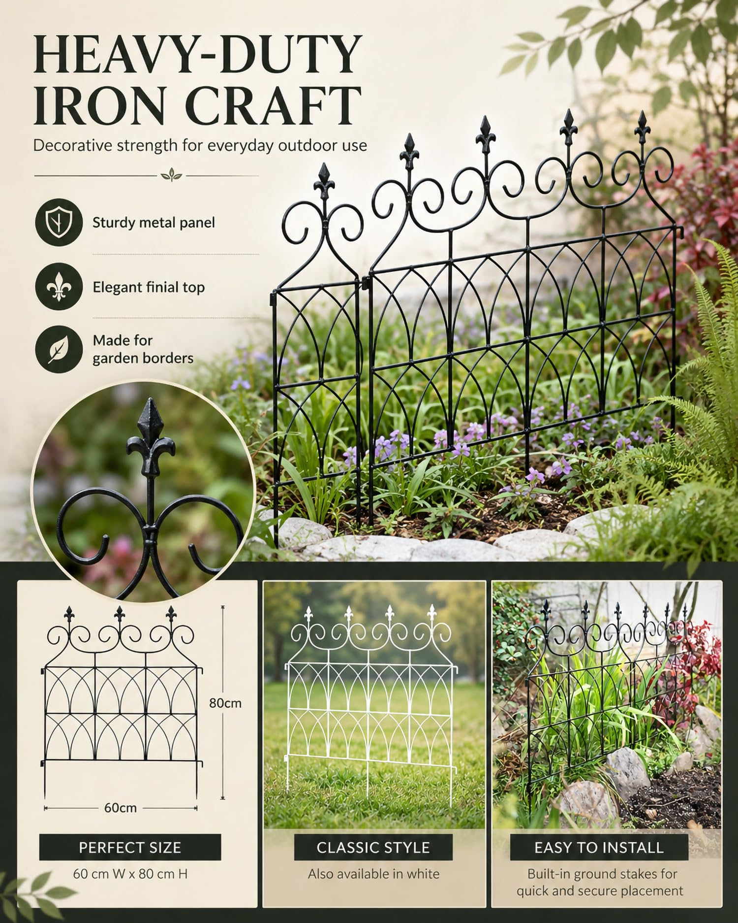 Artenzaun Aus Metall, Zaun Für Draußen Zaunpfosten, Frei Kombinieren Schnelle Montage Rostfrei Metall-Schutzzaun Für Blumenbeet, Hof, Terrasse,Schwarz,5 Panels