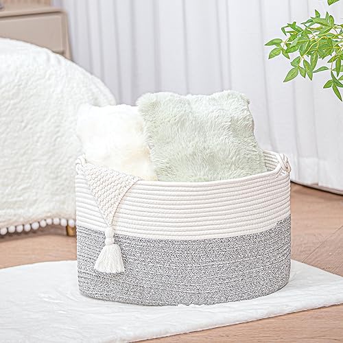 Miniatura 5 de Cesta de manta de 20 x 13 x 11 pulgadas, cesta tejida grande para almacenamiento, cesta de cuerda de algodón para mantas en la sala de estar,