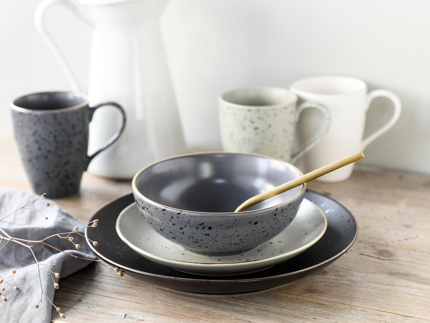 CreaTable, , series INDUSTRIAL GOLD, set of dishes, combination service 16 pieces, Stoneware