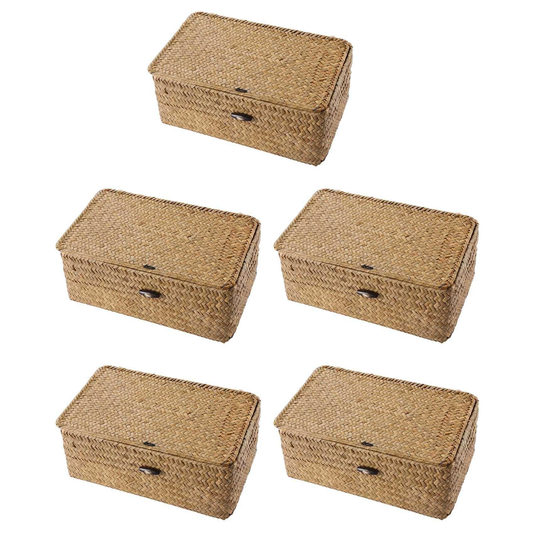 Hndhbfgrt 5X Seagrass Hand Woven Storage Box Storage Box Storage Basket Makeup Organizer Multipurpose Container with Lid