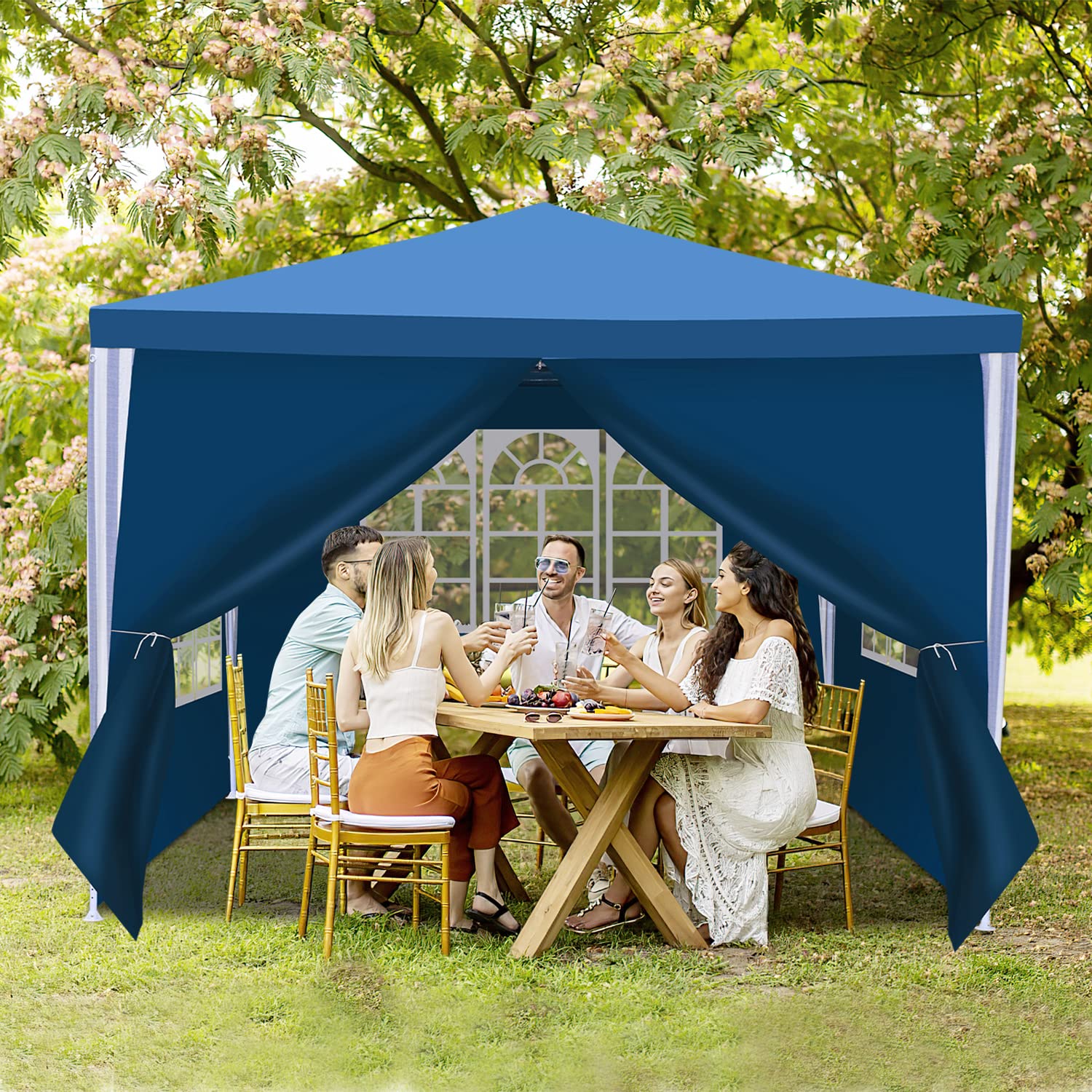Gazebo 3 x 3 m, impermeabile, stabile, in PE di alta qualità, resistente ai raggi UV, 100 g/m², con 4 parti laterali, blu