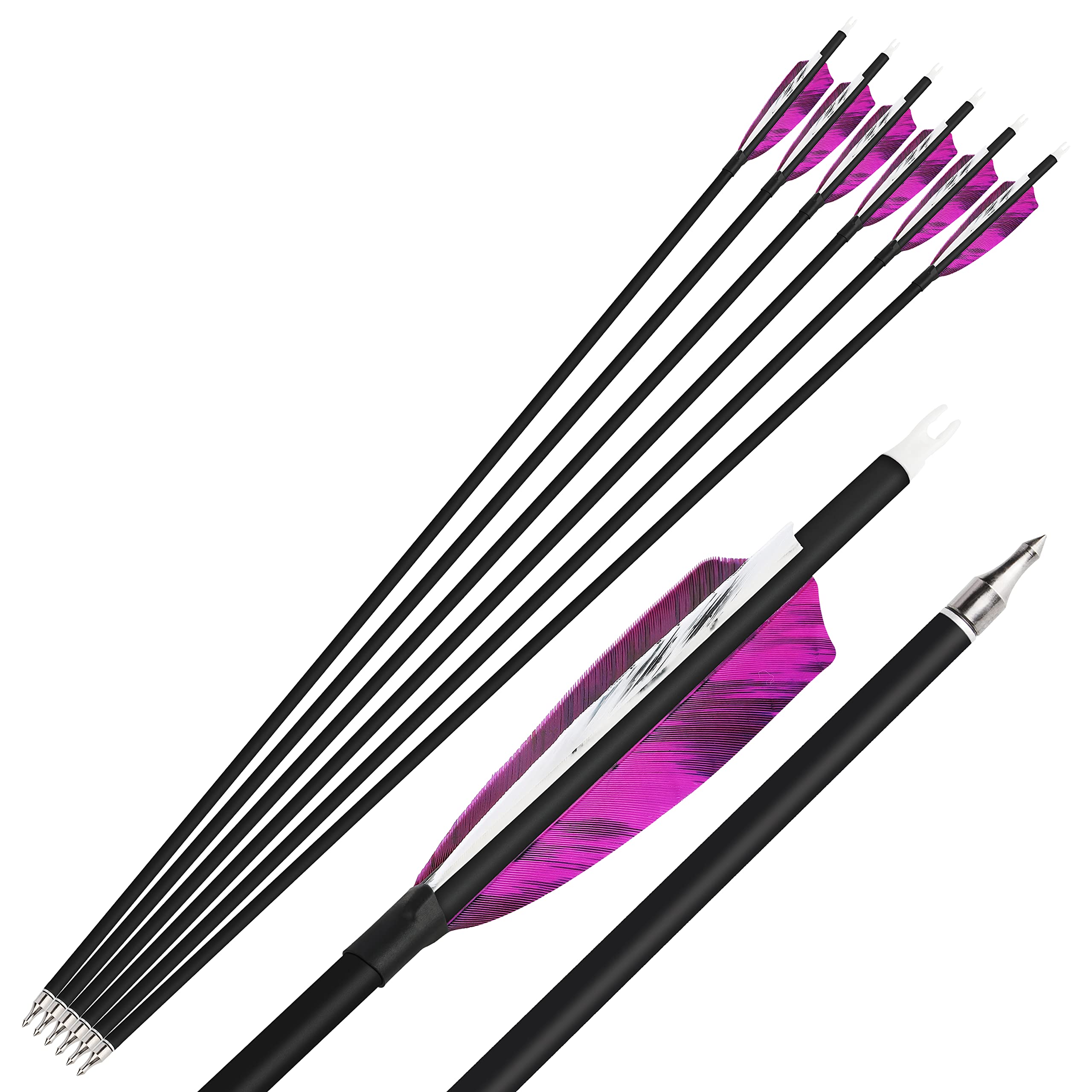 6pcs Flèches en Carbone de Tir à l'arc 28/30/31 Pouces Flèches de Chasse Spine 500 avec Plume Nature pour Arc Classique Arc à Poulies
