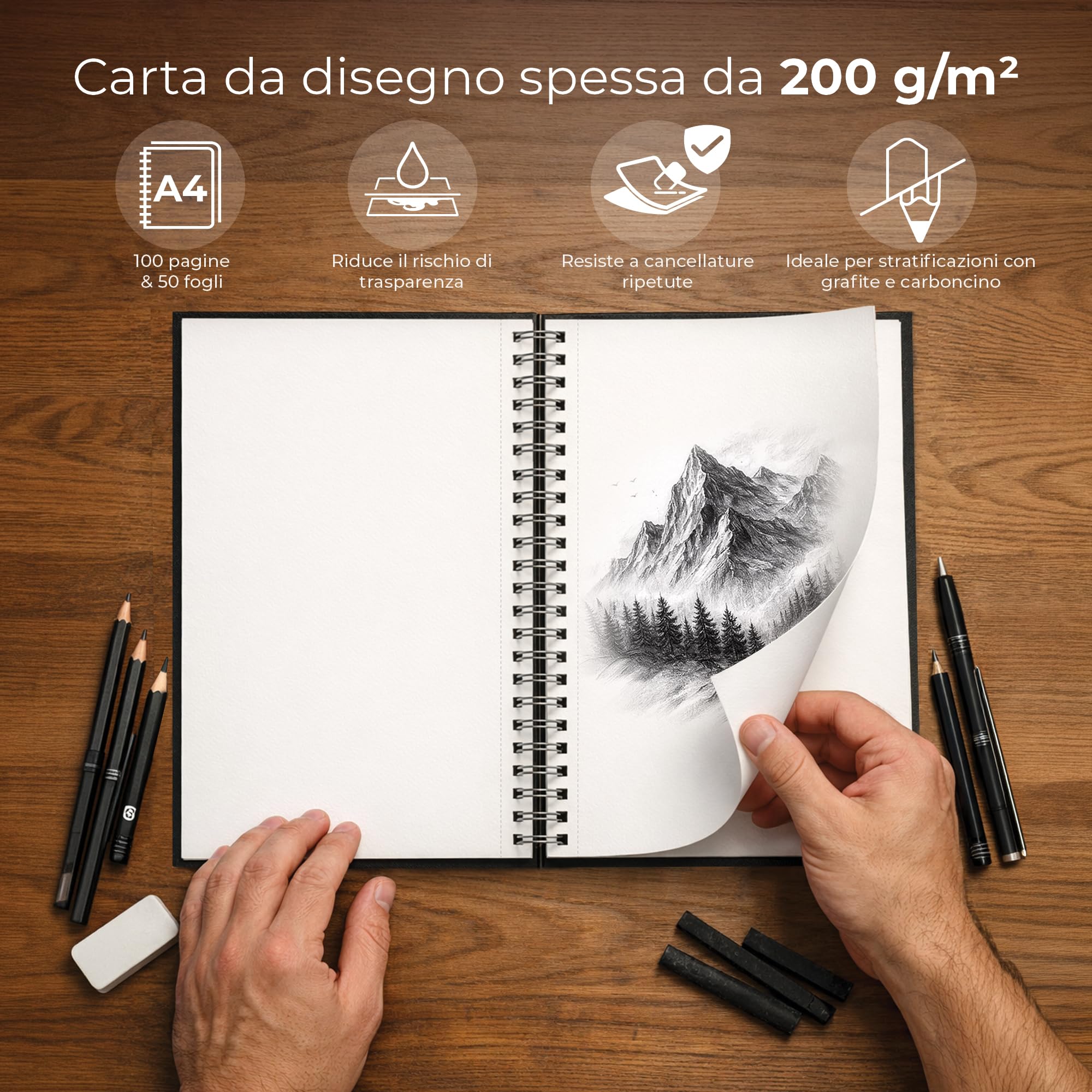 DIYIDEA Album da Disegno A4 200 g/m² – 100 Pagine, Spirale con Copertina Rigida – Blocco Disegno per Matita, Carboncino, Grafite e Pastello – Per Principianti e Professionisti