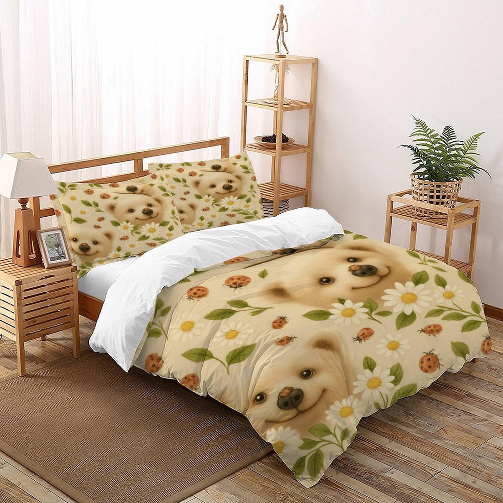 Parure de couette ours et marguerite 260x220 cm en microfibres avec 2 taies d'oreiller