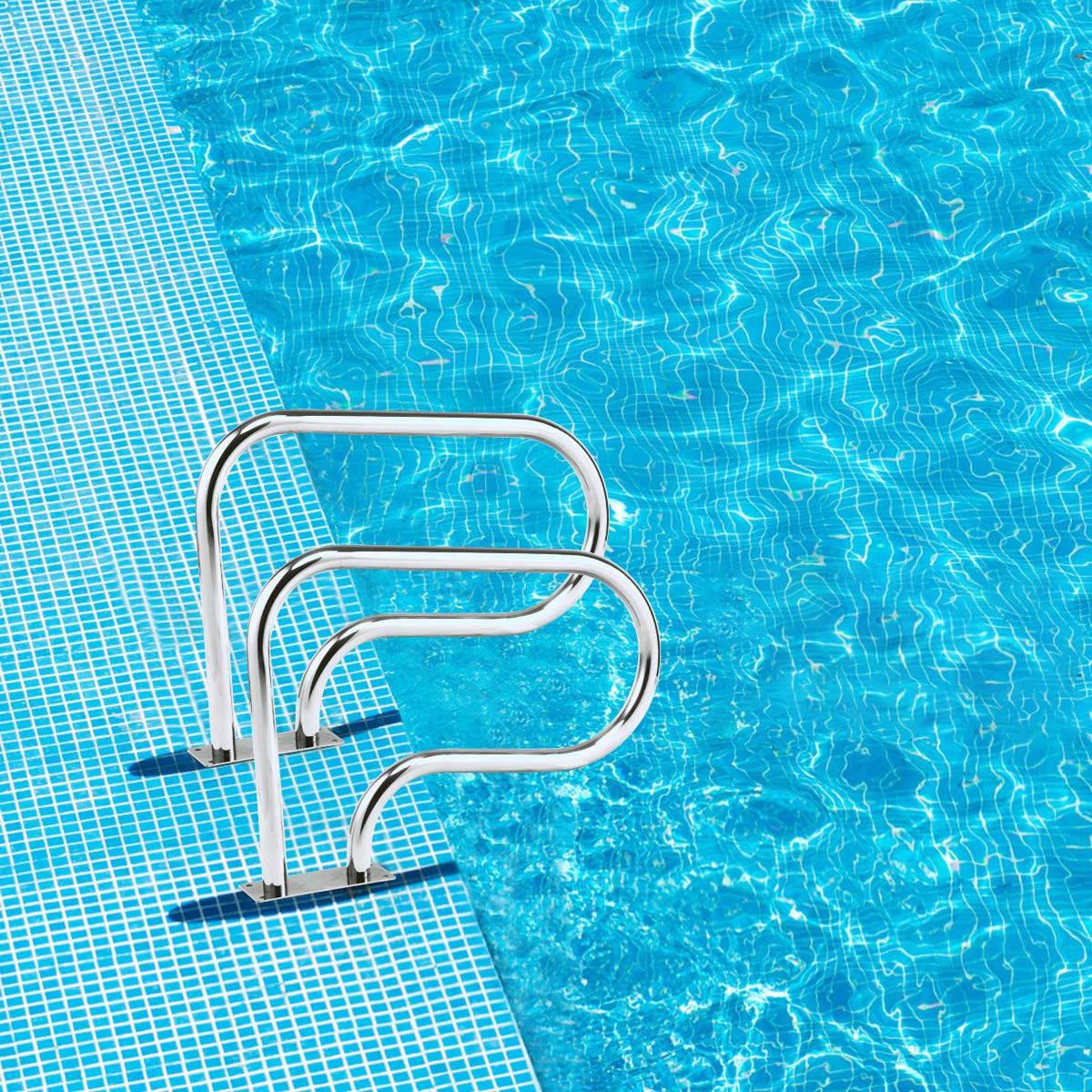 RELAX4LIFE 1 x Soporte para Piscina de Acero Inoxidable de Diseño Curvo, Pasamanos para Piscina con Fijación Rápida, Placa de suelo y Accesorios Completos, 81x10x57cm (Plateado, 1 Pieza)