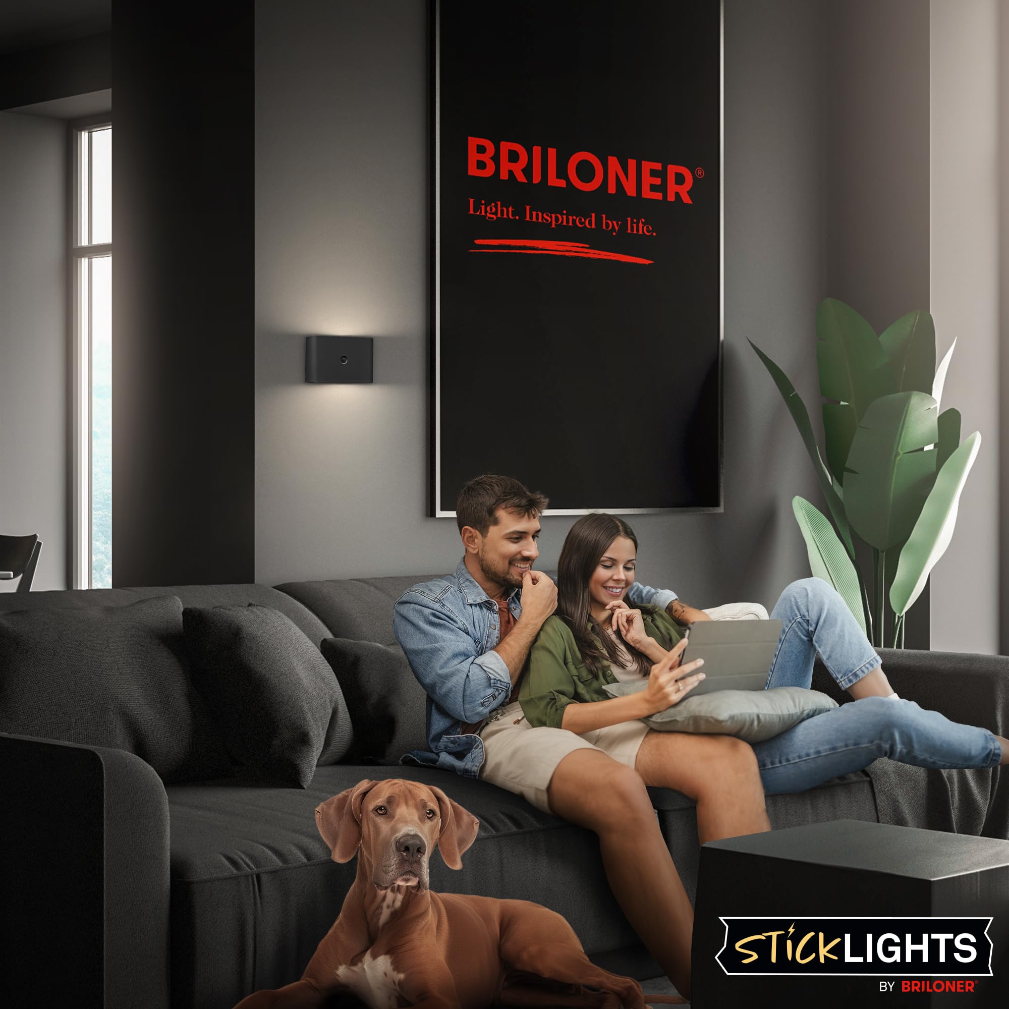 BRILONER Sticklights - Aplique pared sin cable con sensor de movimiento, batería recargable, lampara magnetica, aplique recargable, 16x9,5x6,5 cm, negro