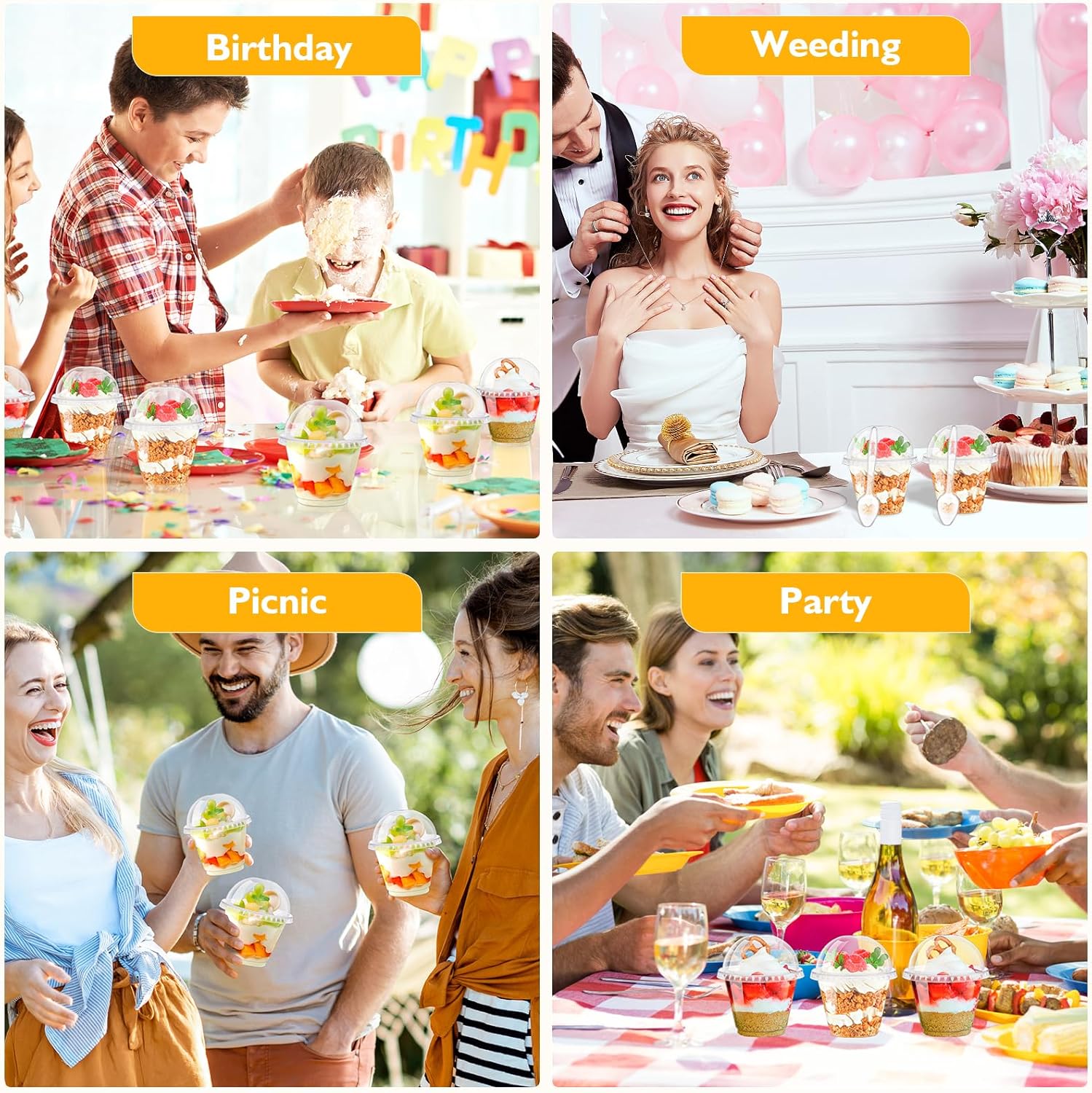 KesaPlan 100 Set 9 oz Plastic Clear Dessert Cups with Dome Lids No Hole & Spoons, Crystal Disposable Parfait Cup with Lids, Plastic Fruit Cups for Ice Cream Puddings Yogurt Smoothie Juice Snacks - Image 6