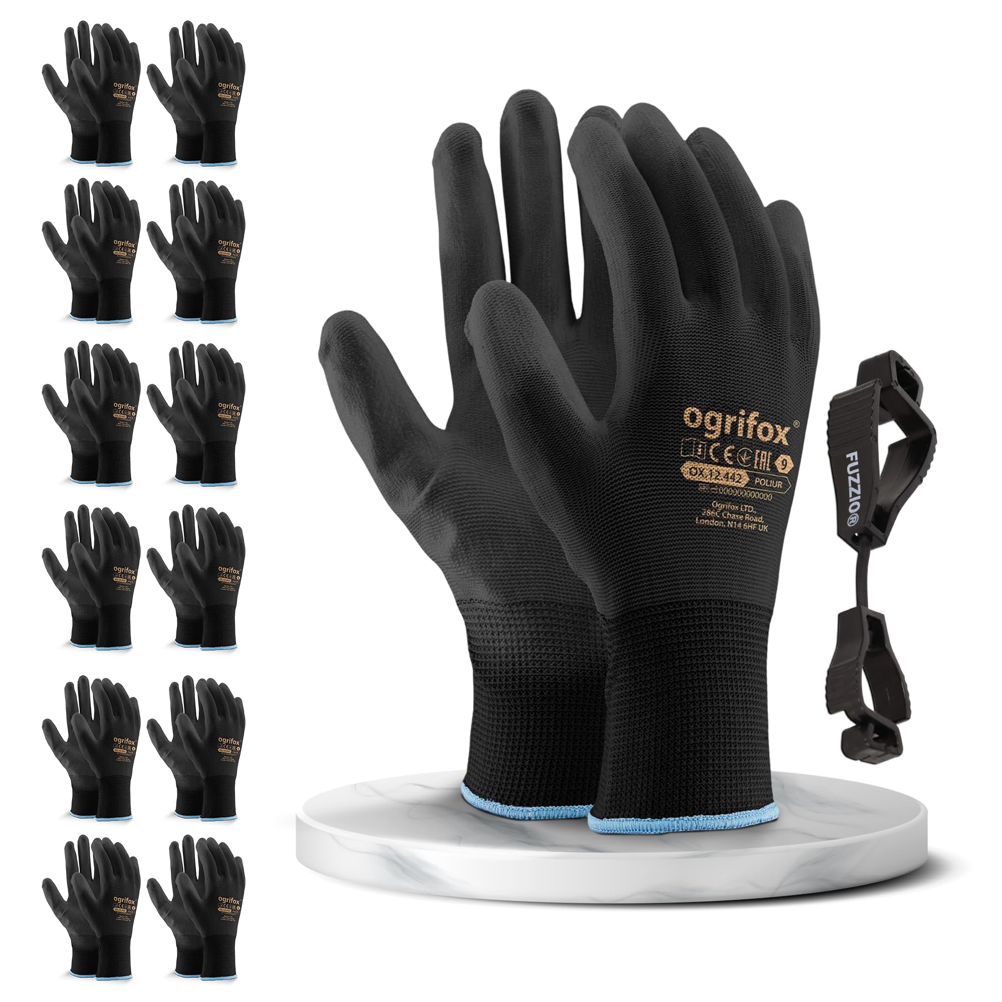 FUZZIO 12 Paar Arbeitshandschuhe Herren Gr 9, Mechaniker Handschuhe, Gartenhandschuhe Herren, Arbeitshandschuhe Damen, Montagehandschuhe, Polyurethan Beschichtung mit Handschuhclip