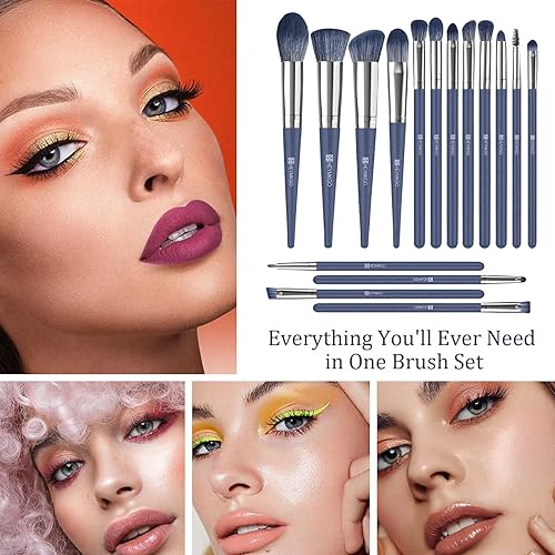 Miniatura 9 de HEYMKGO Juego de 11 brochas de maquillaje verdes con 16 brochas de maquillaje azules, profesionales suaves y densos para mezclar pulir contornos,