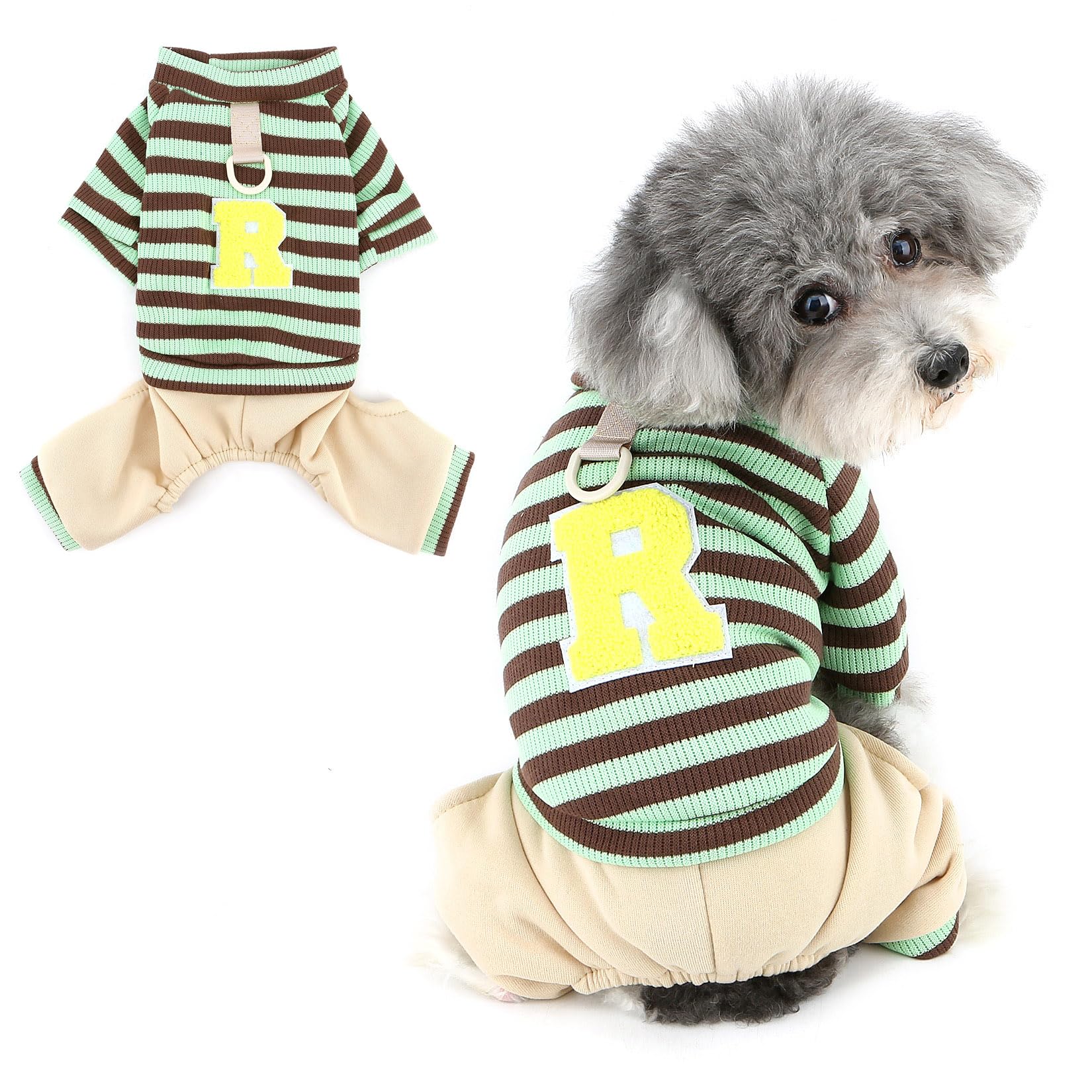 XHYRHTS Combinaison tricotée rayée pour Chien de Petite Taille, Tenue Chaude et Extensible pour Chiot avec Anneau en D et Lettre, Pull Doux à Quatre Pattes, Pyjama Confortable d'automne pour