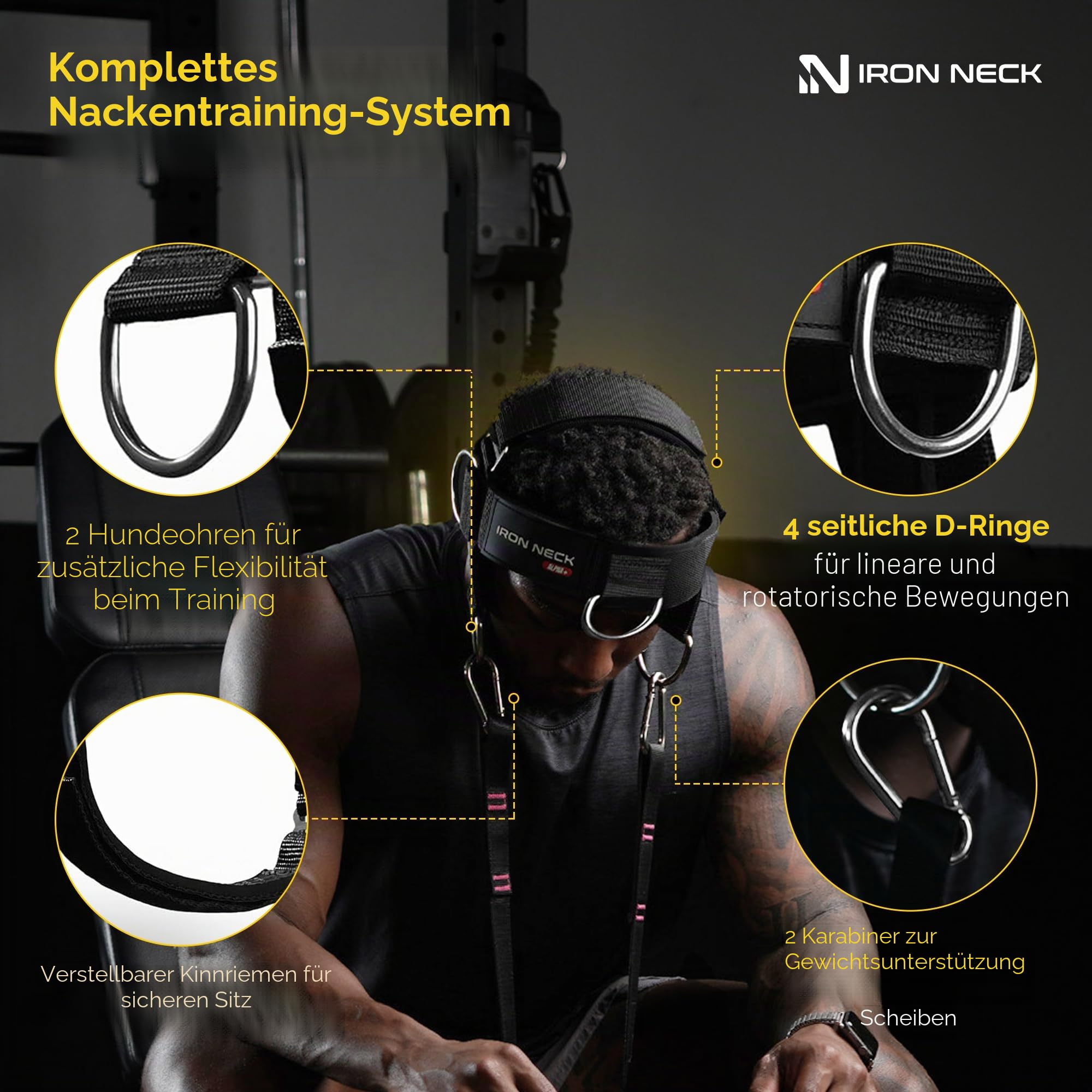 Iron Neck Nackentrainer, Stärker und Trainer mit verstellbarem Kopf- und Kinnriemen, vielseitig, tragbares Kopfgeschirr für Gewichtheben, Heim- und Fitnessstudio