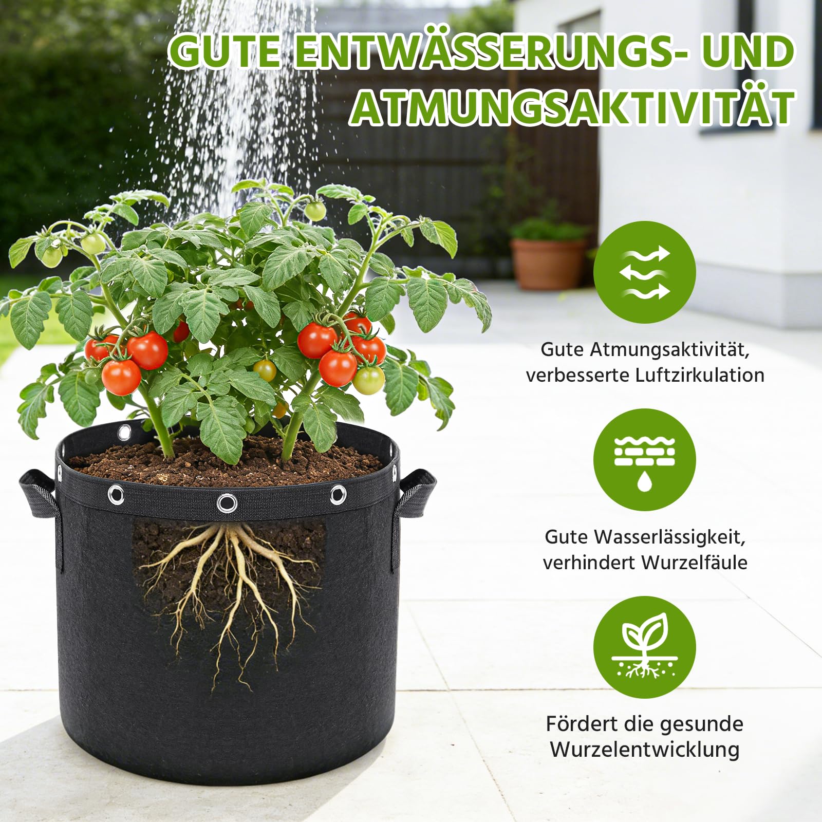 Newthinking Pflanzsack 11L, 6 Stück mit Griffen – Robuster Stofftopf für Tomaten, Kartoffeln, Erdbeeren, Blumen und Garten
