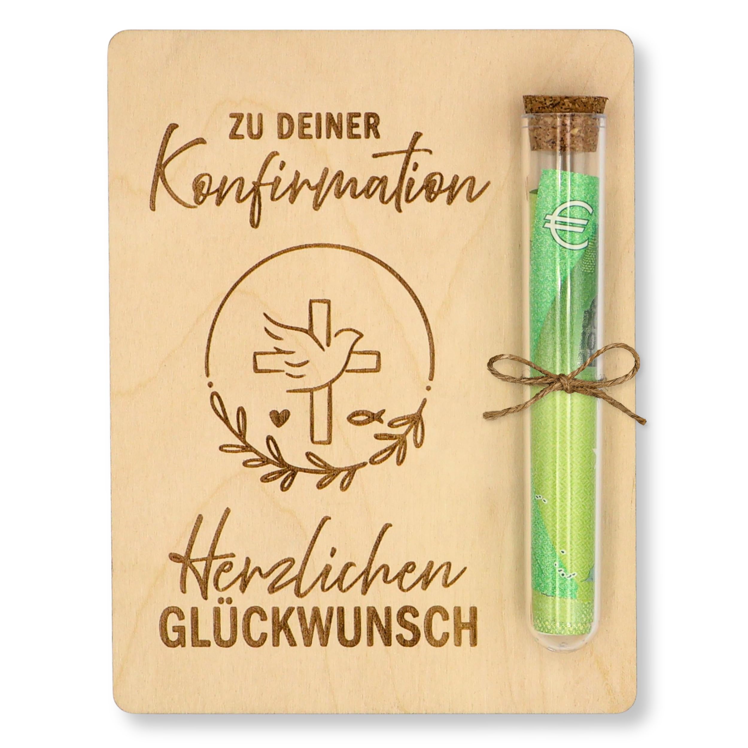 ZUKLA Verpackung für Geldgeschenke Konfirmation - 13 x 10 cm - mit Reagenzglas - Geschenk für Jungen & Mädchen - Geldgeschenk Verpackung aus Holz