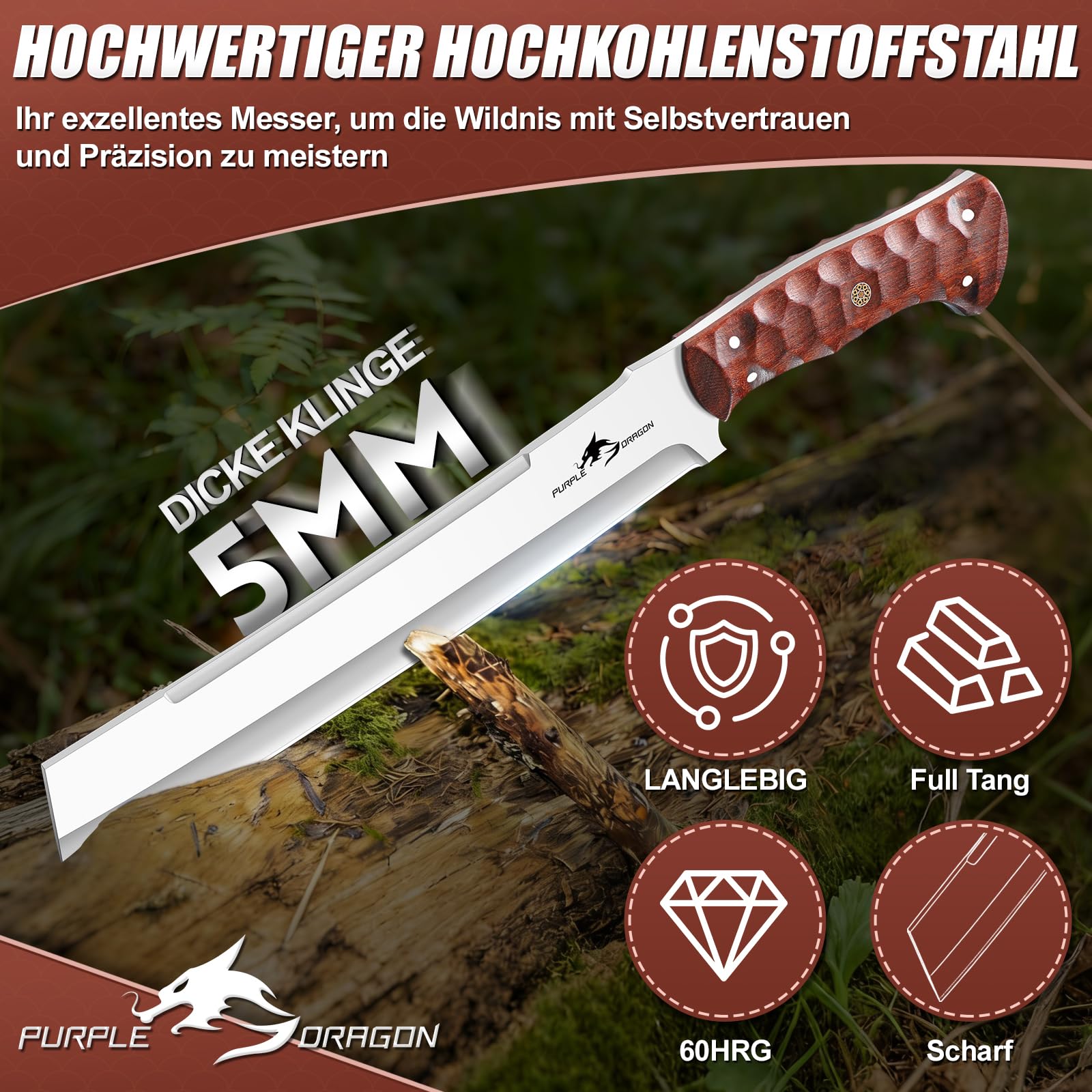 Purple Dragon Großes Outdoor Messer – Aus einem Stück D2-Stahl geschmiedet – Survival Messer mit durchgehendem Holzgriff und Scheide für Buschhandwerk, Camping und Gartenarbeit – Geschenk für Männer