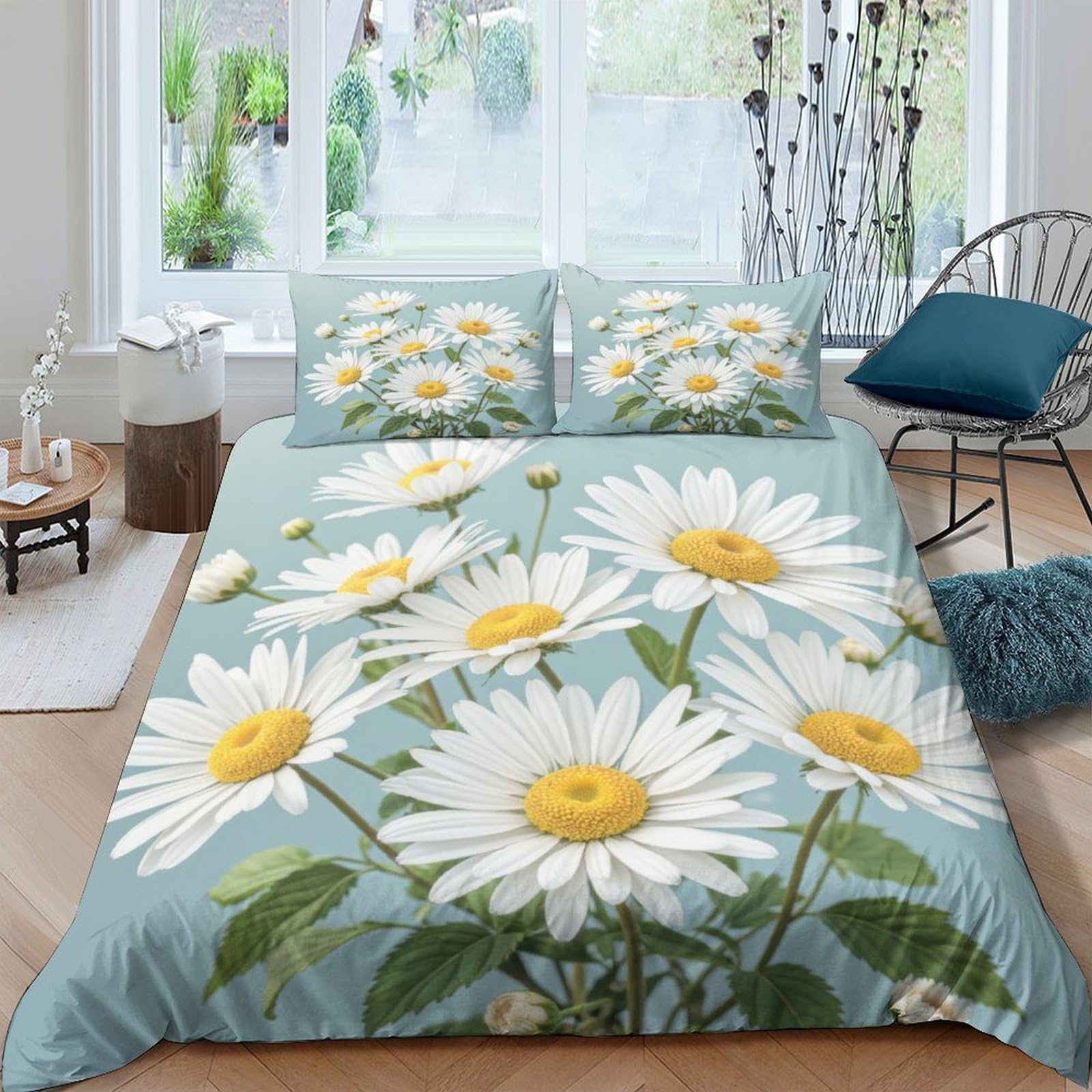 Ctjqhvkz Style-5 3D Printed Daisy Bloom Fitted Sheet Microfiber Soft Blue Floral Bed Cover For Bedroom Guest Room Decor Protection Single（135X200cm）